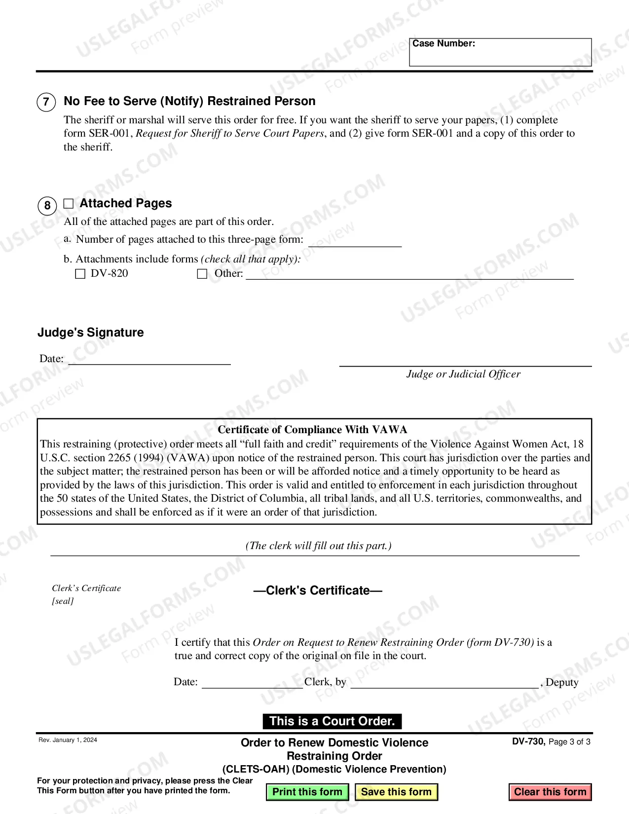 Preview Order to Renew Domestic Violence Restraining Order
