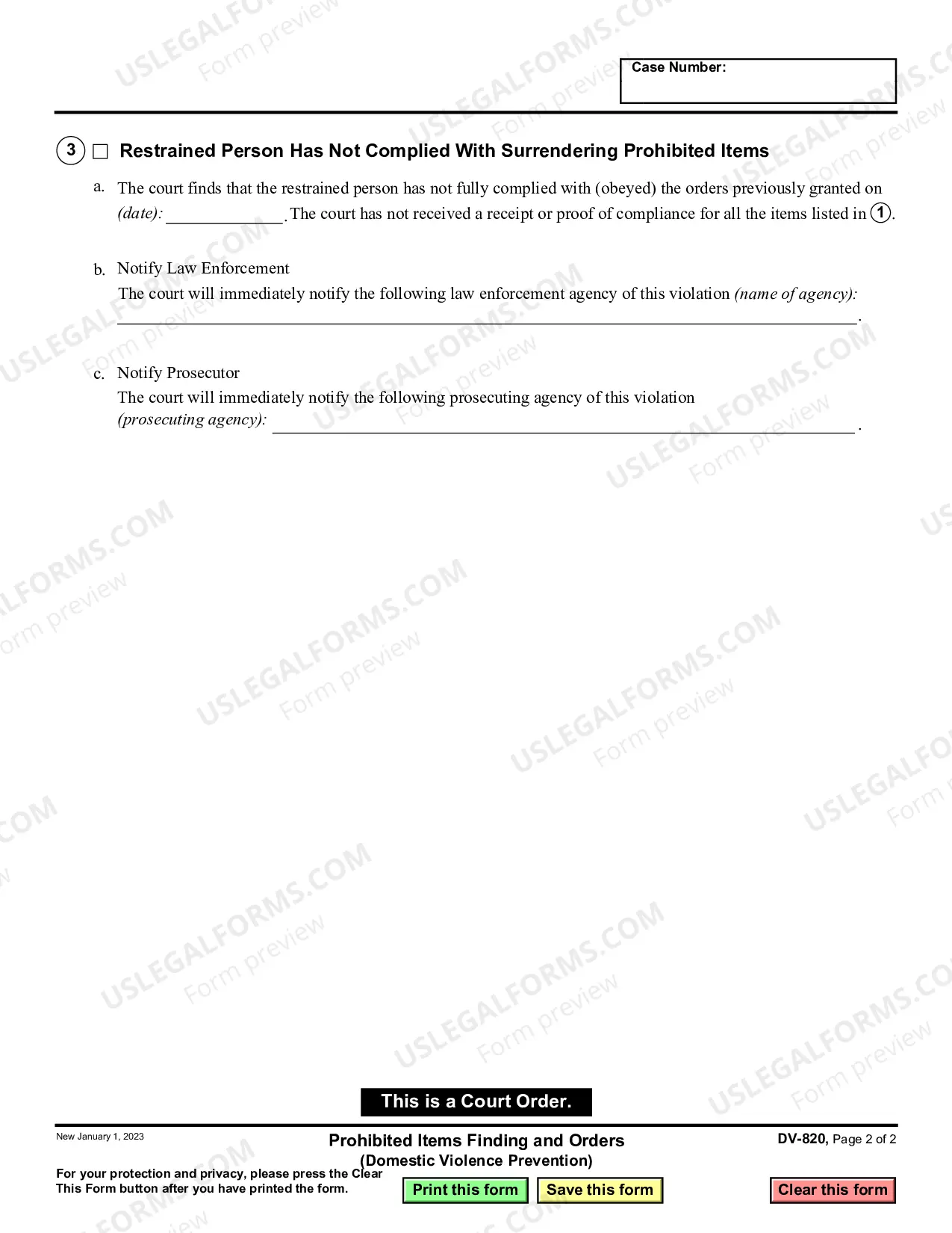 Preview Prohibited Items Finding and Orders - Domestic Violence Prevention