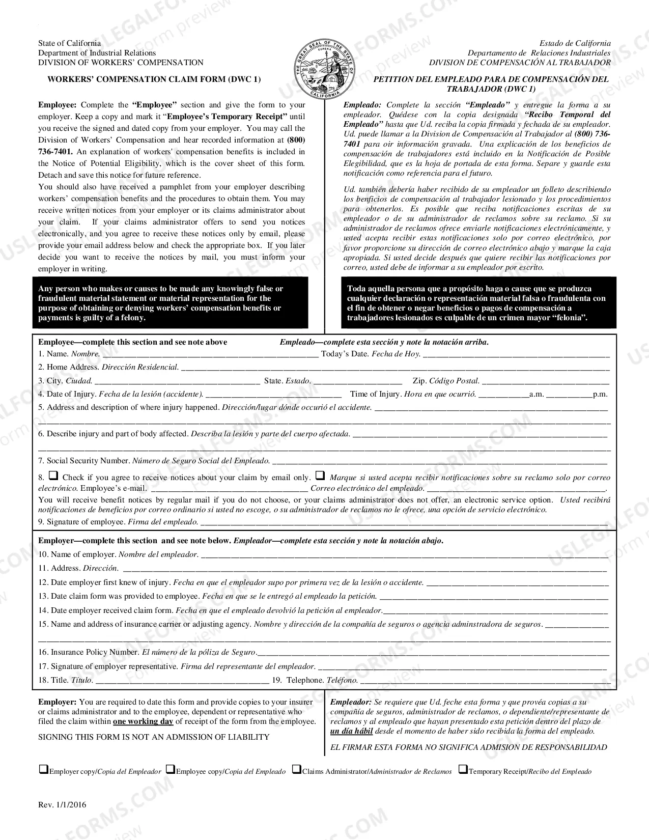 Preview Employee's Claim for Worker's Compensation Benefits for Workers' Compensation