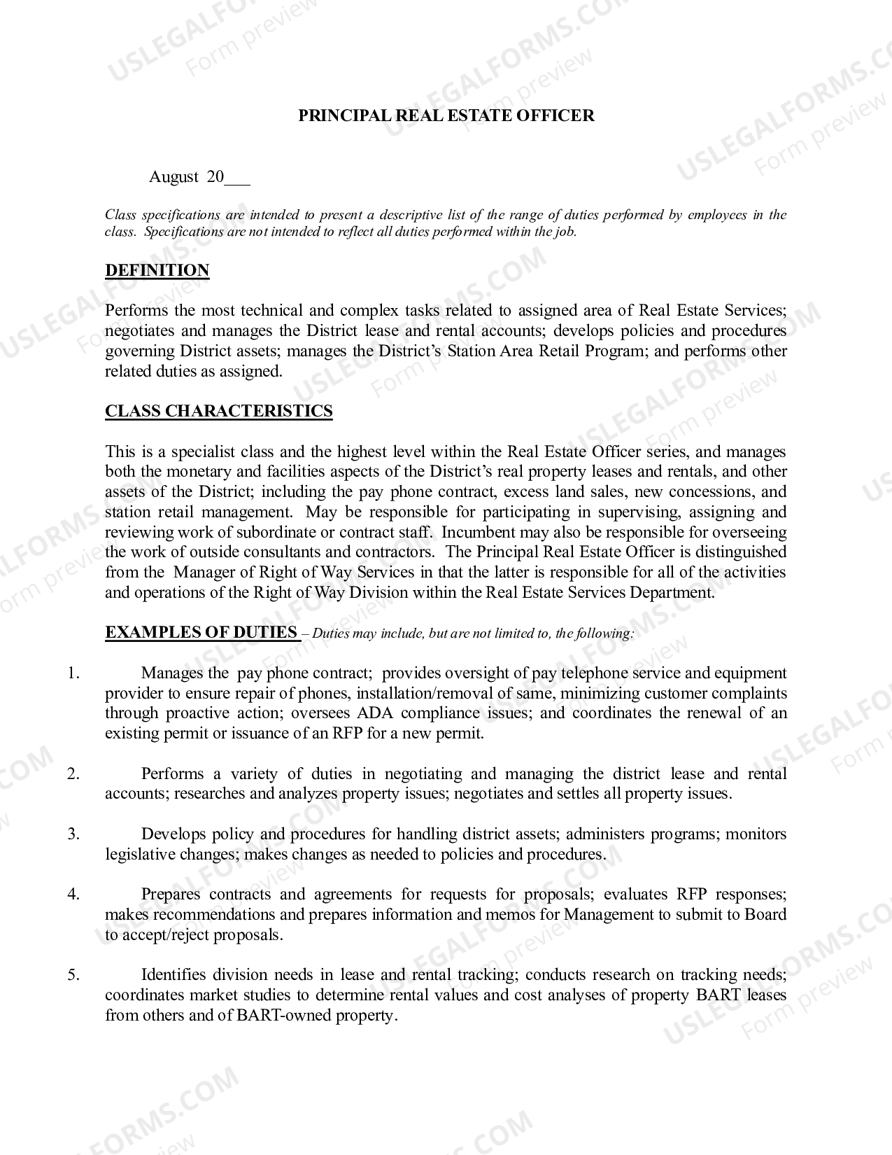 California Principal Real Estate Officer Job Description US Legal Forms