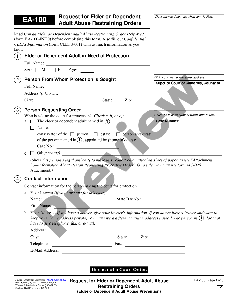 page 0 Request for Elder or Dependent Adult Abuse Restraining Orders - Elder or Dependent Adult Abuse Prevention preview