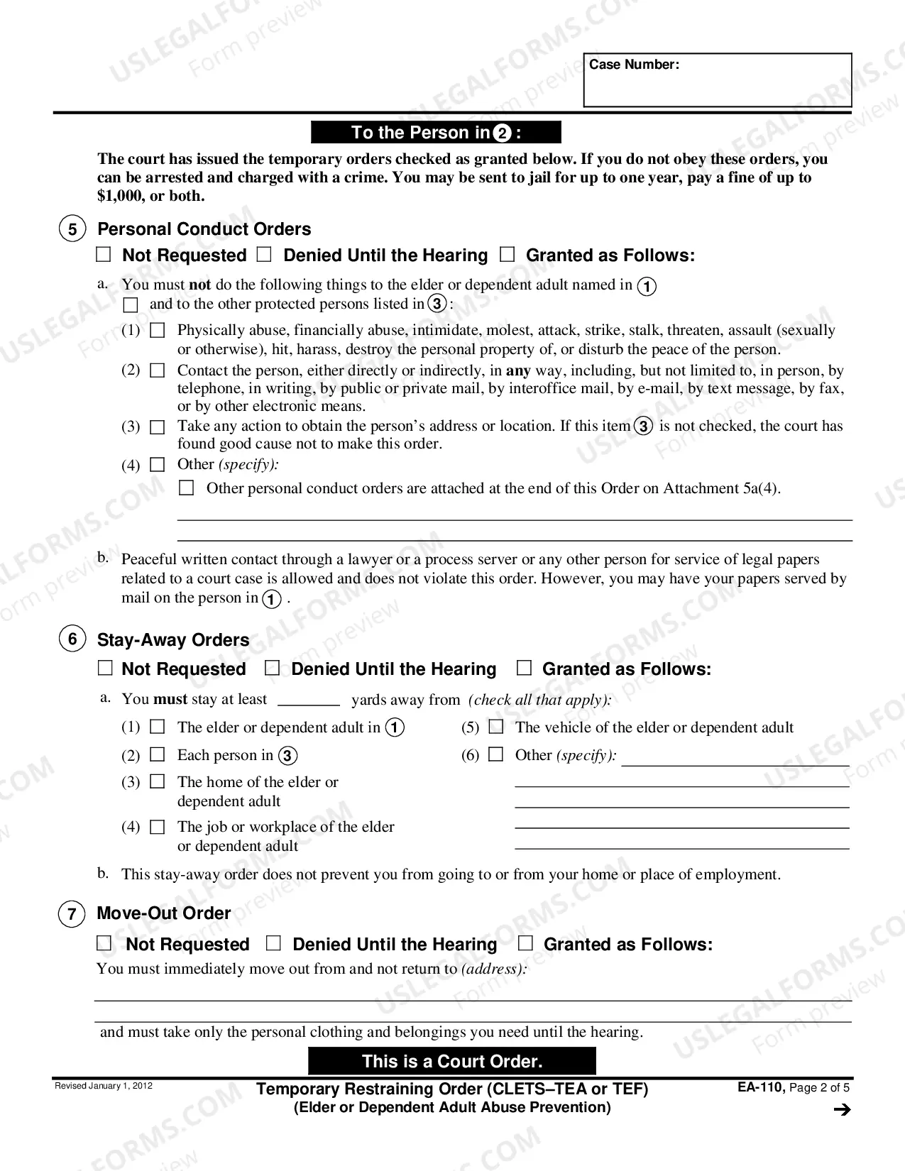 Preview Temporary Restraining Order - CLETS-TEA or TEF - Elder or Dependent Adult Abuse Protection