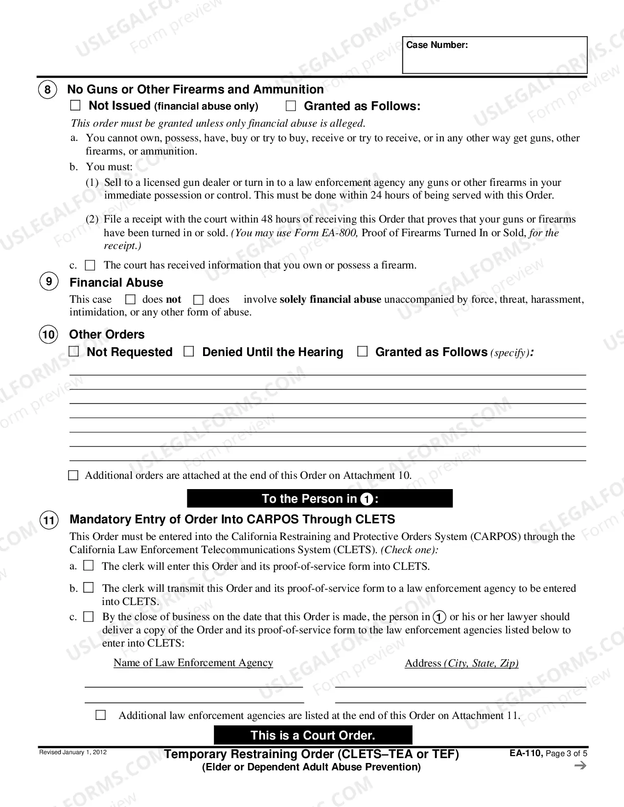 Preview Temporary Restraining Order - CLETS-TEA or TEF - Elder or Dependent Adult Abuse Protection