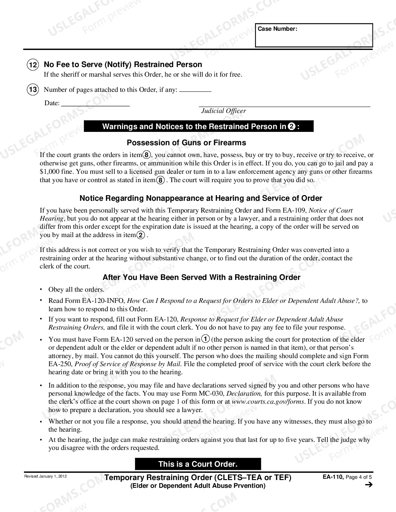 Preview Temporary Restraining Order - CLETS-TEA or TEF - Elder or Dependent Adult Abuse Protection