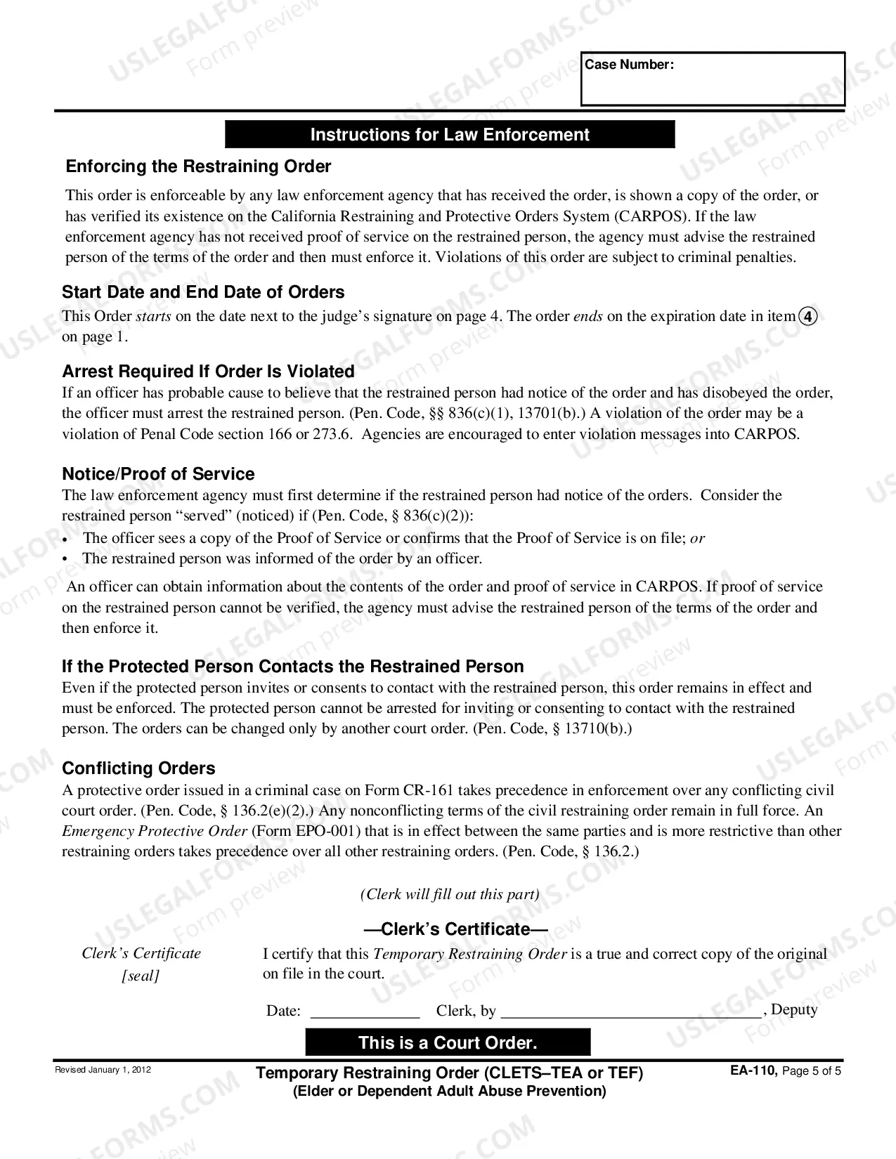 Preview Temporary Restraining Order - CLETS-TEA or TEF - Elder or Dependent Adult Abuse Protection