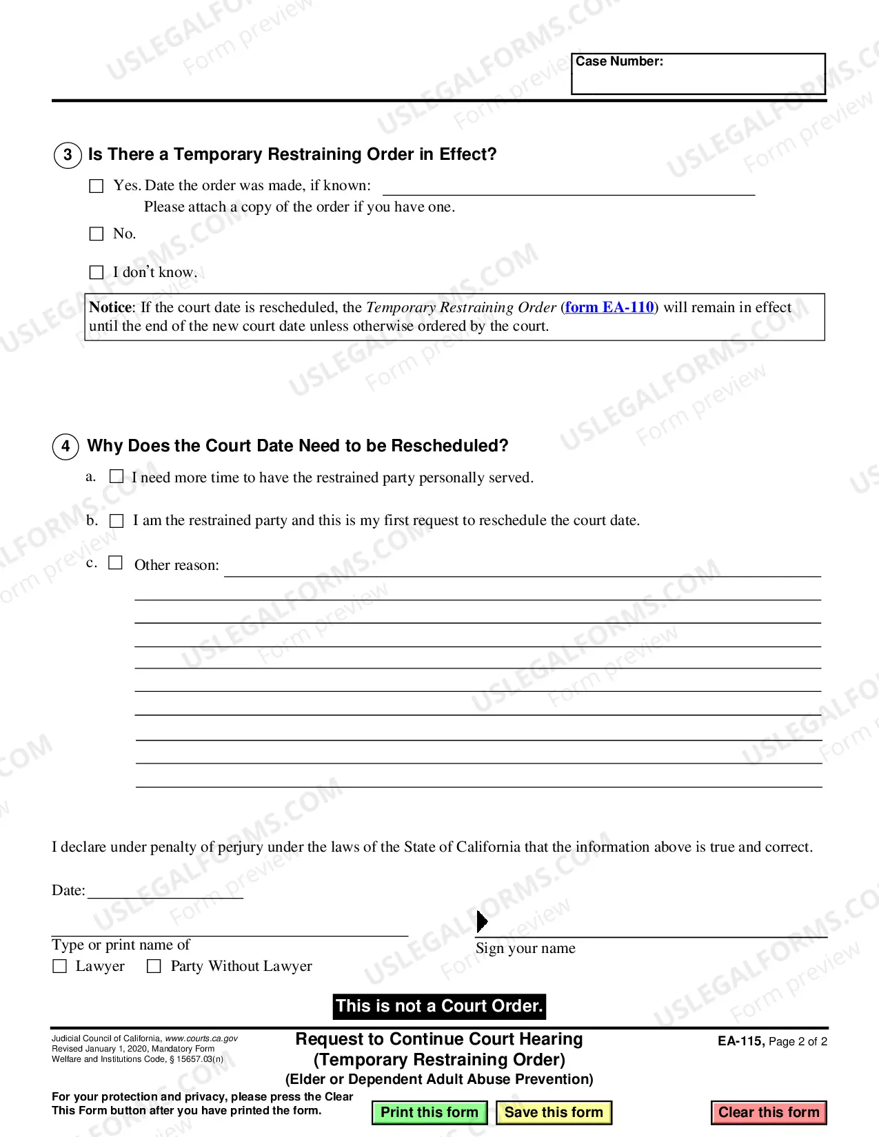 Preview Request to Continue Court Hearing - Temporary Restraining Order - Elder or Dependent Abuse Prevention