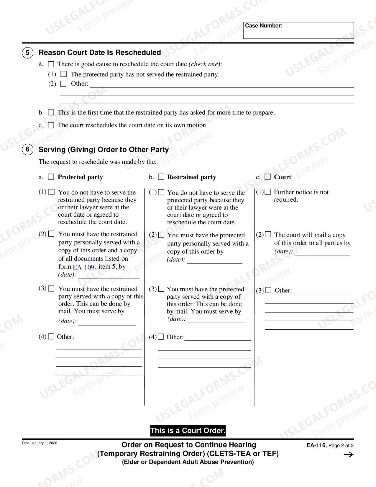 Preview Order on Request to Continue Hearing - Temporary Restraining Order - CLETS-TEF - Elder or Dependent Adult Abuse Prevention