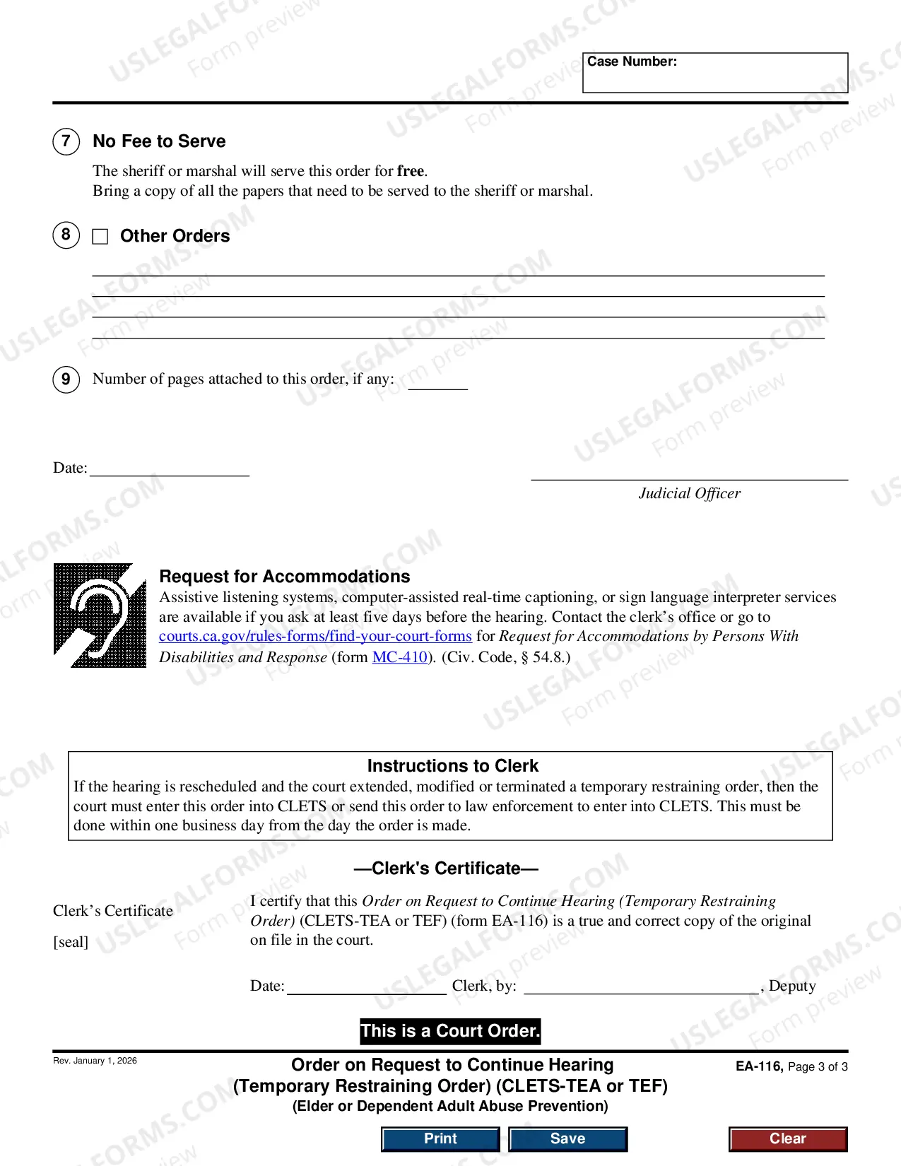 Preview Order on Request to Continue Hearing - Temporary Restraining Order - CLETS-TEF - Elder or Dependent Adult Abuse Prevention