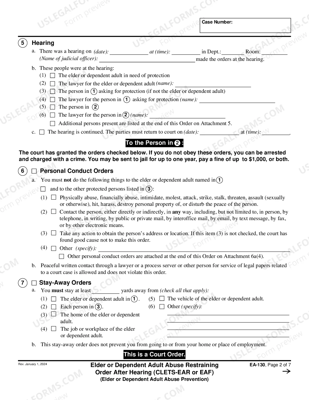 Preview Elder or Dependent Adult Abuse Restraining Order After Hearing - CLETS-EAR or EAF - Elder of Dependent Adult Abuse Prevention