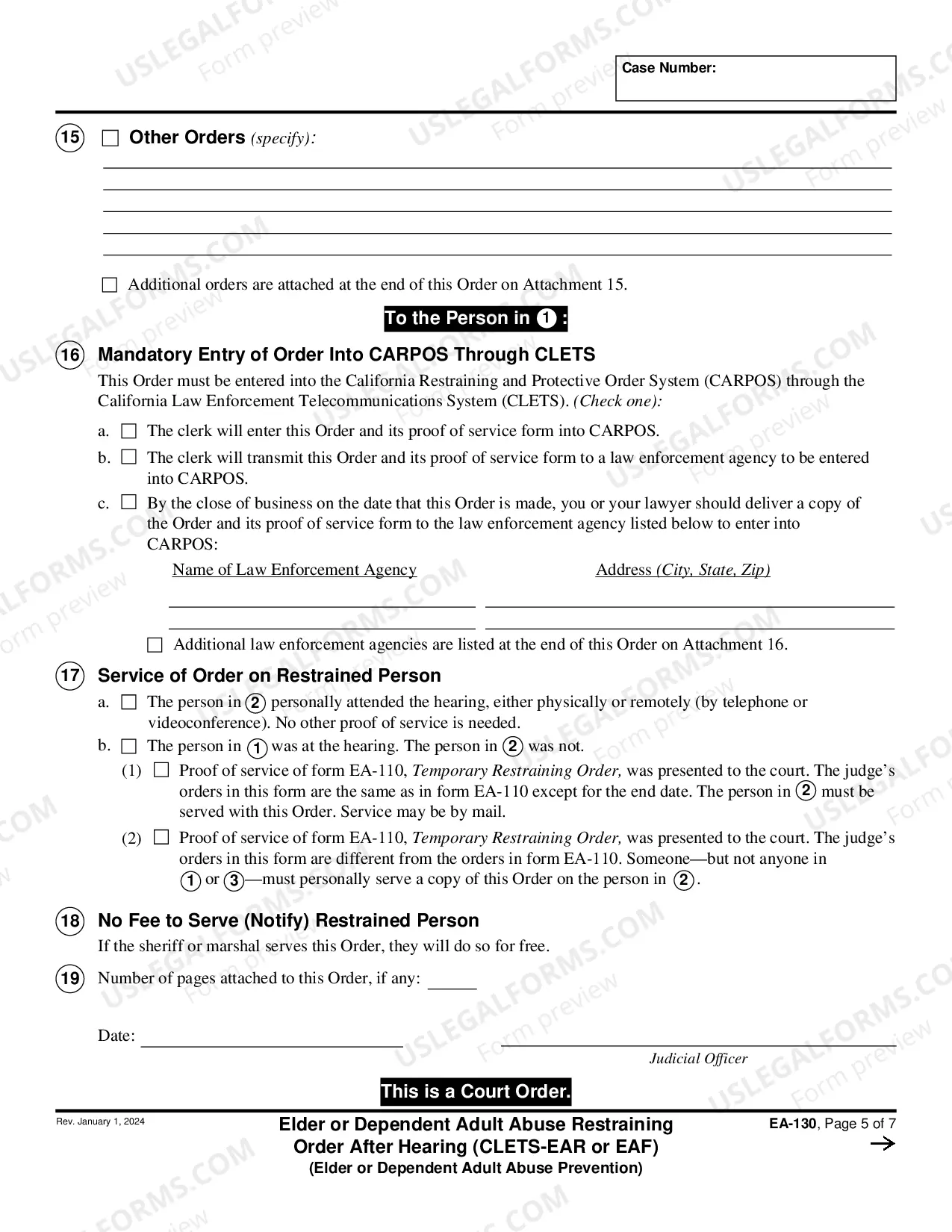 Preview Elder or Dependent Adult Abuse Restraining Order After Hearing - CLETS-EAR or EAF - Elder of Dependent Adult Abuse Prevention