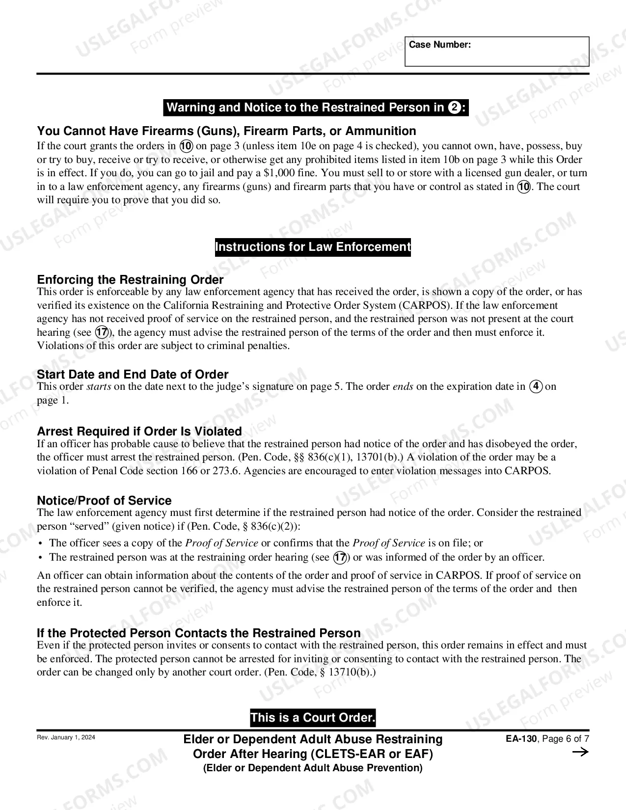 Preview Elder or Dependent Adult Abuse Restraining Order After Hearing - CLETS-EAR or EAF - Elder of Dependent Adult Abuse Prevention