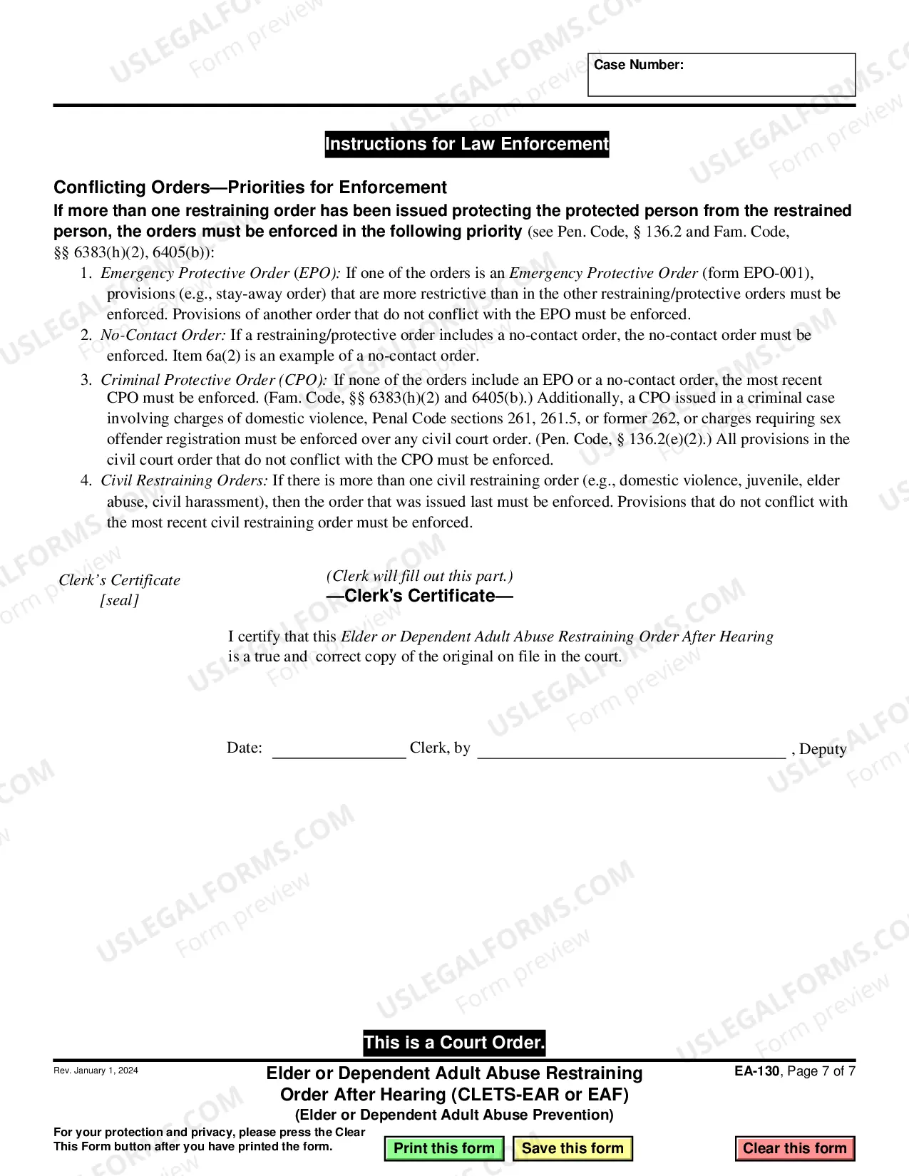 Preview Elder or Dependent Adult Abuse Restraining Order After Hearing - CLETS-EAR or EAF - Elder of Dependent Adult Abuse Prevention