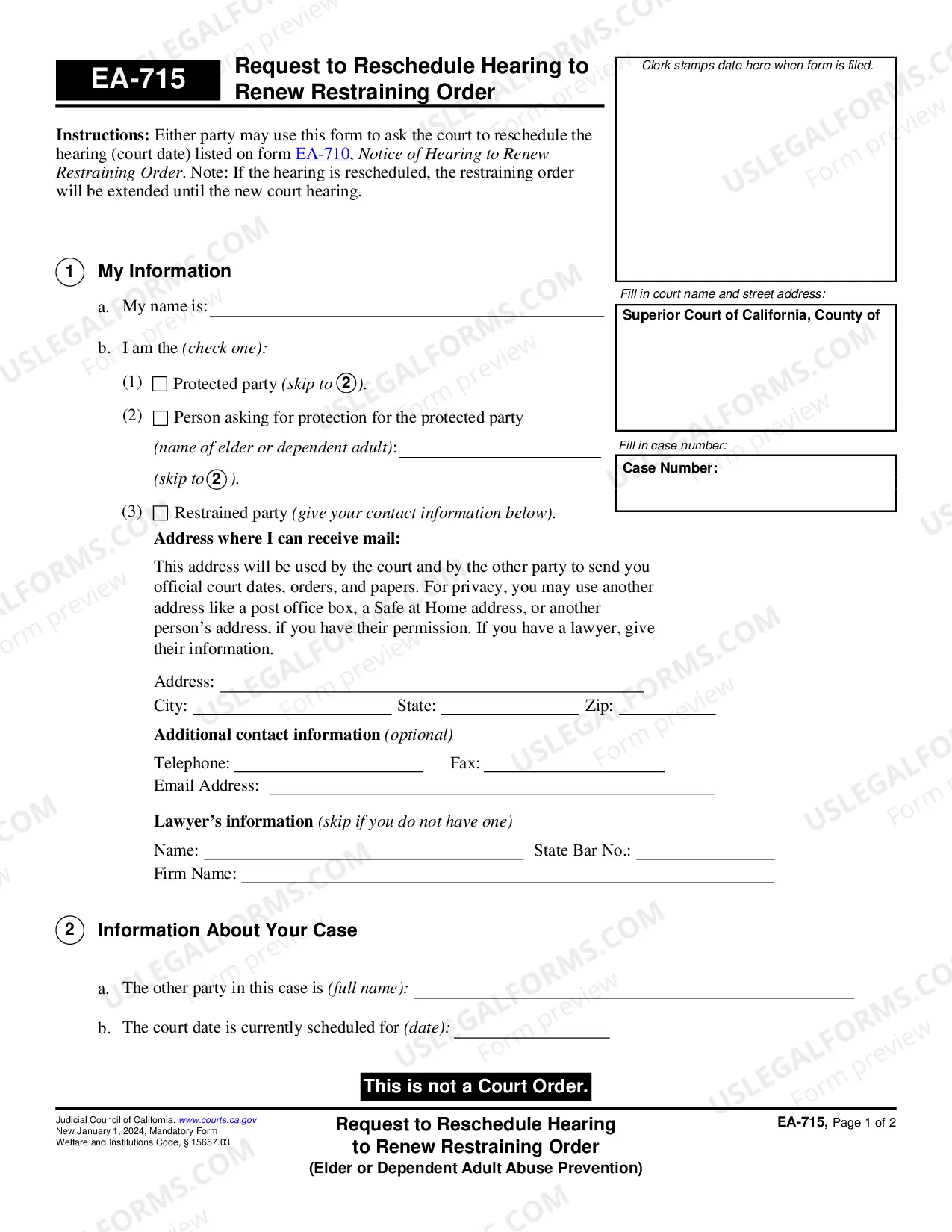 Preview Request to Reschedule Hearing to Renew Restraining Order