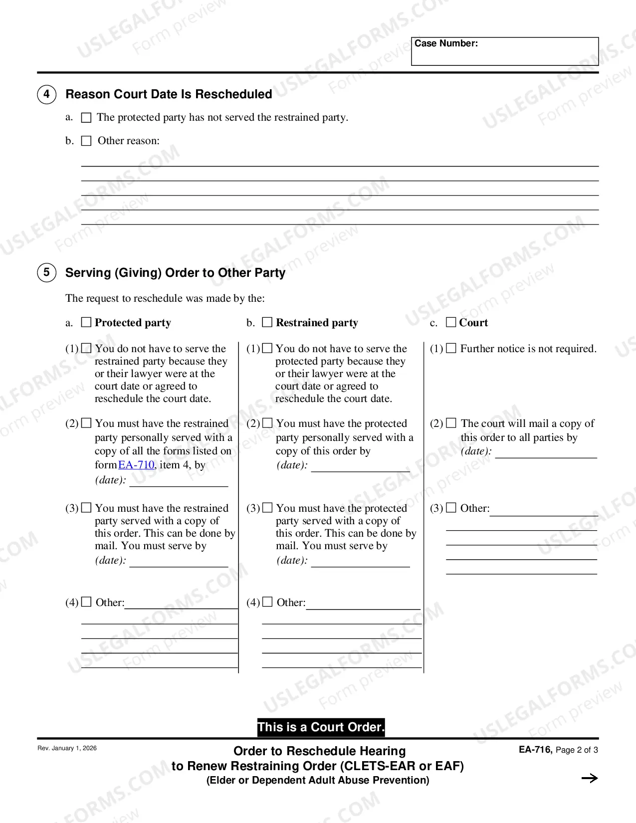 Preview Order to Reschedule Hearing to Renew Restraining Order
