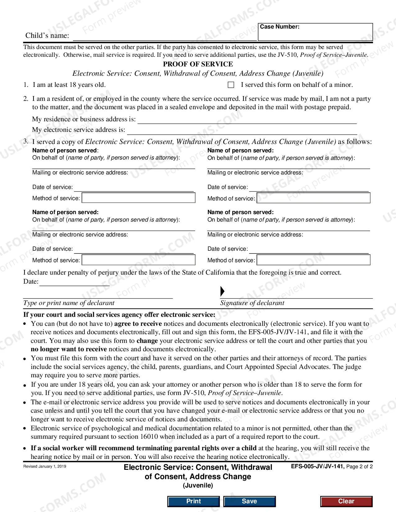 Preview Electronic Service - Consent, Withdrawal of Consent, Address Change - Juvenile