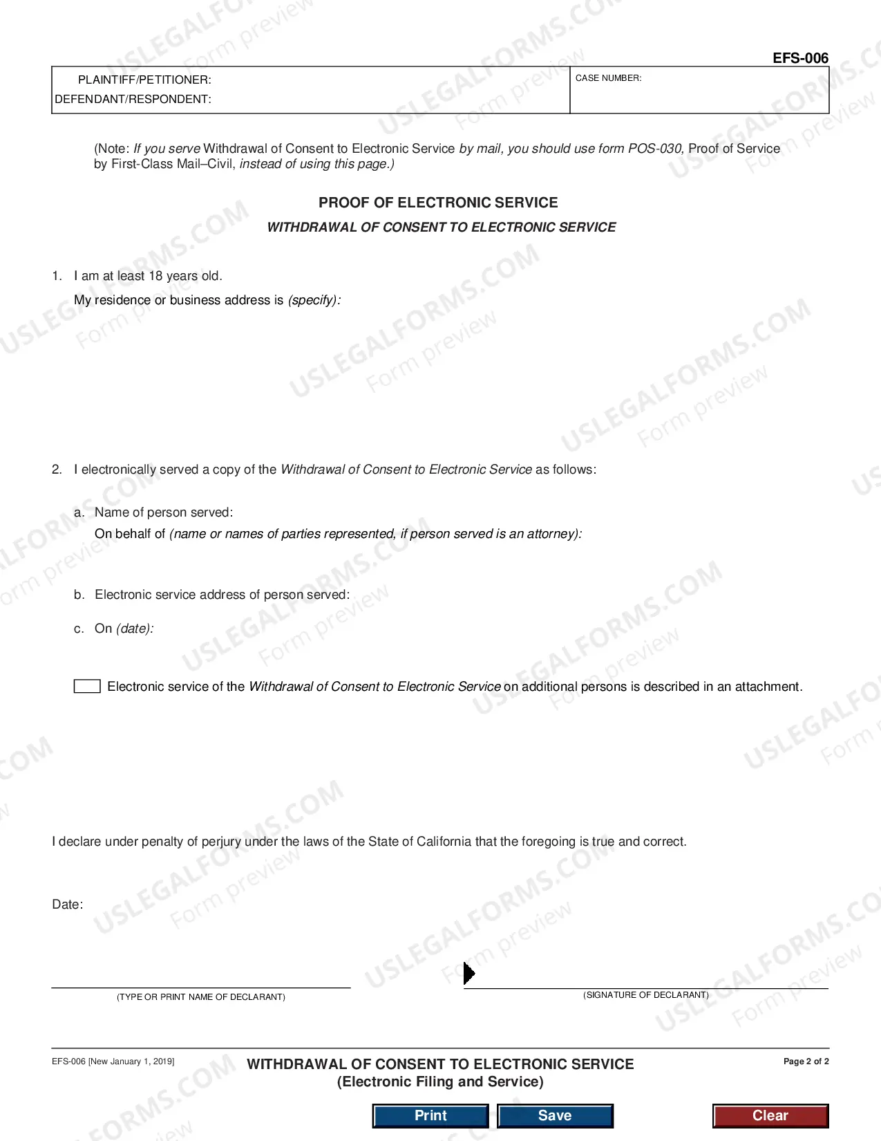 Preview Withdrawal of Consent to Electronic Service - Electronic Filing and Service
