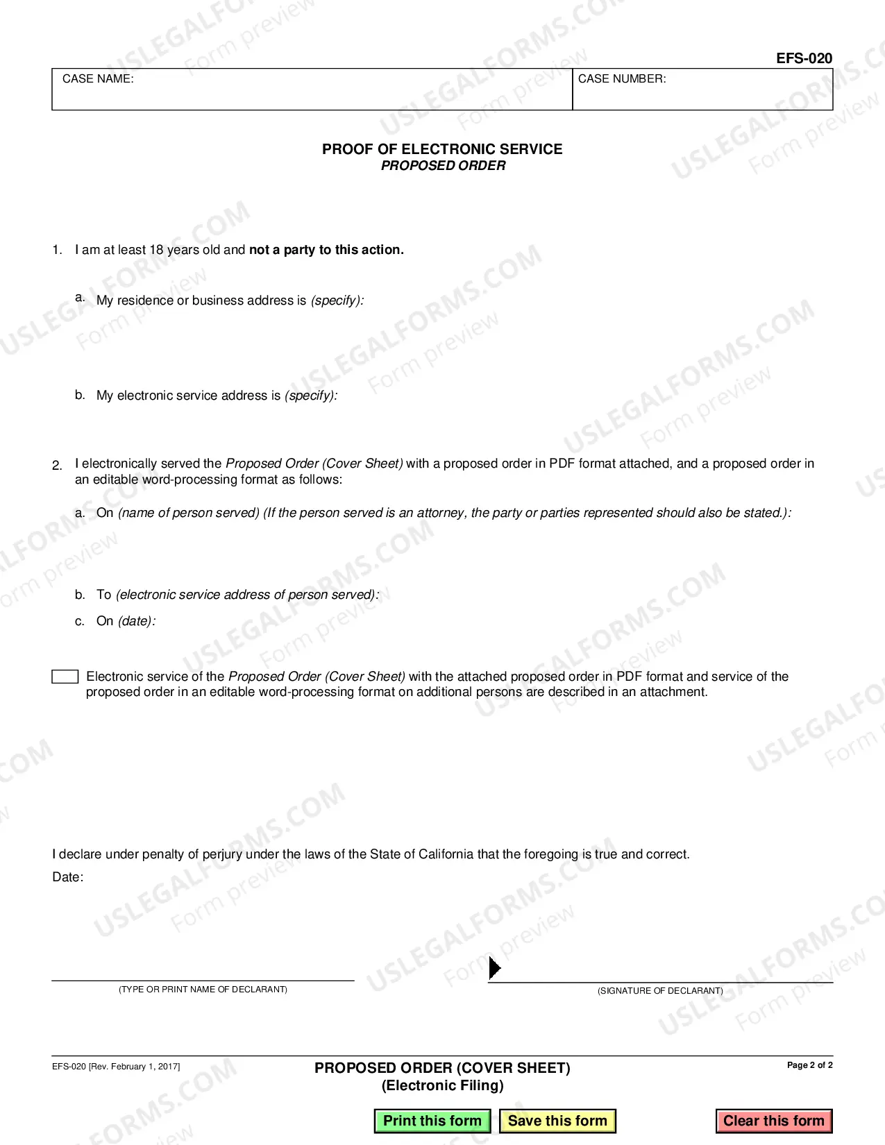 Preview Proposed Order - Cover Sheet - Electronic Filing