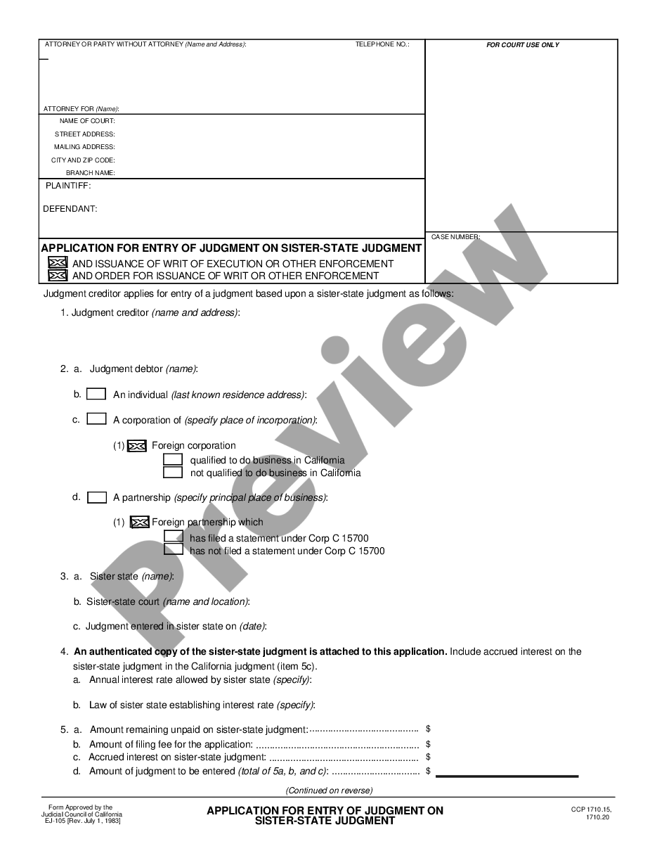 form Application for Entry of Judgment on Sister State Judgment - Foreign Judgment preview