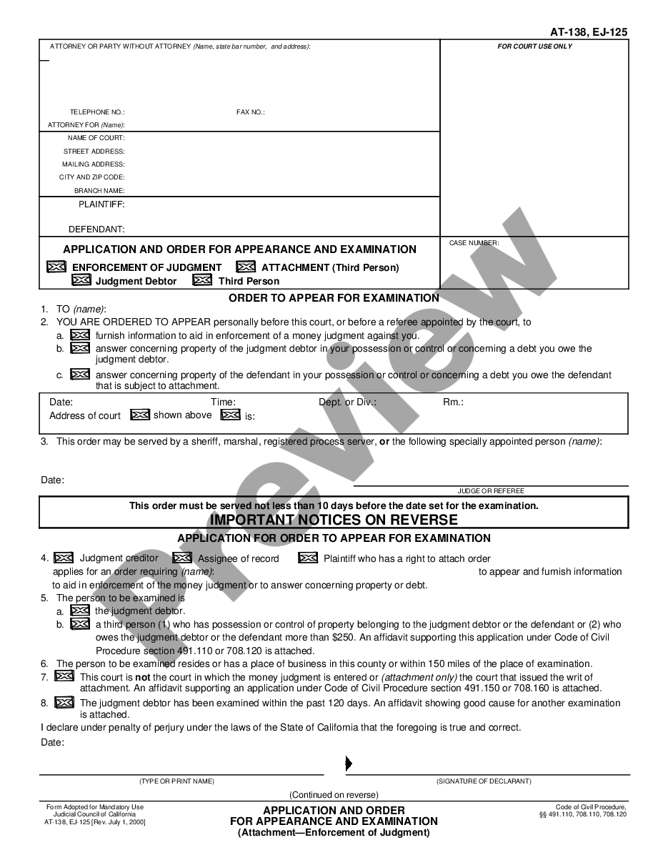 form Application and Order for Appearance and Examination - same as AT-138 preview