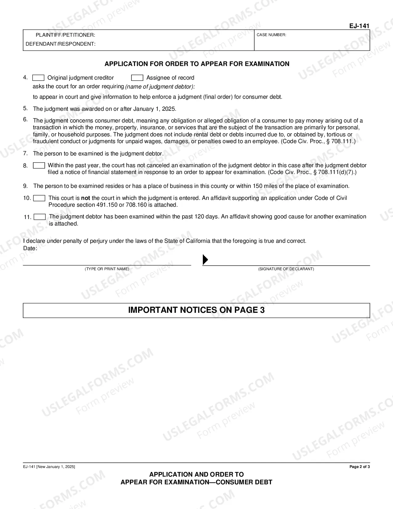 Preview Application and Order to Appear for Examination - Consumer Debt