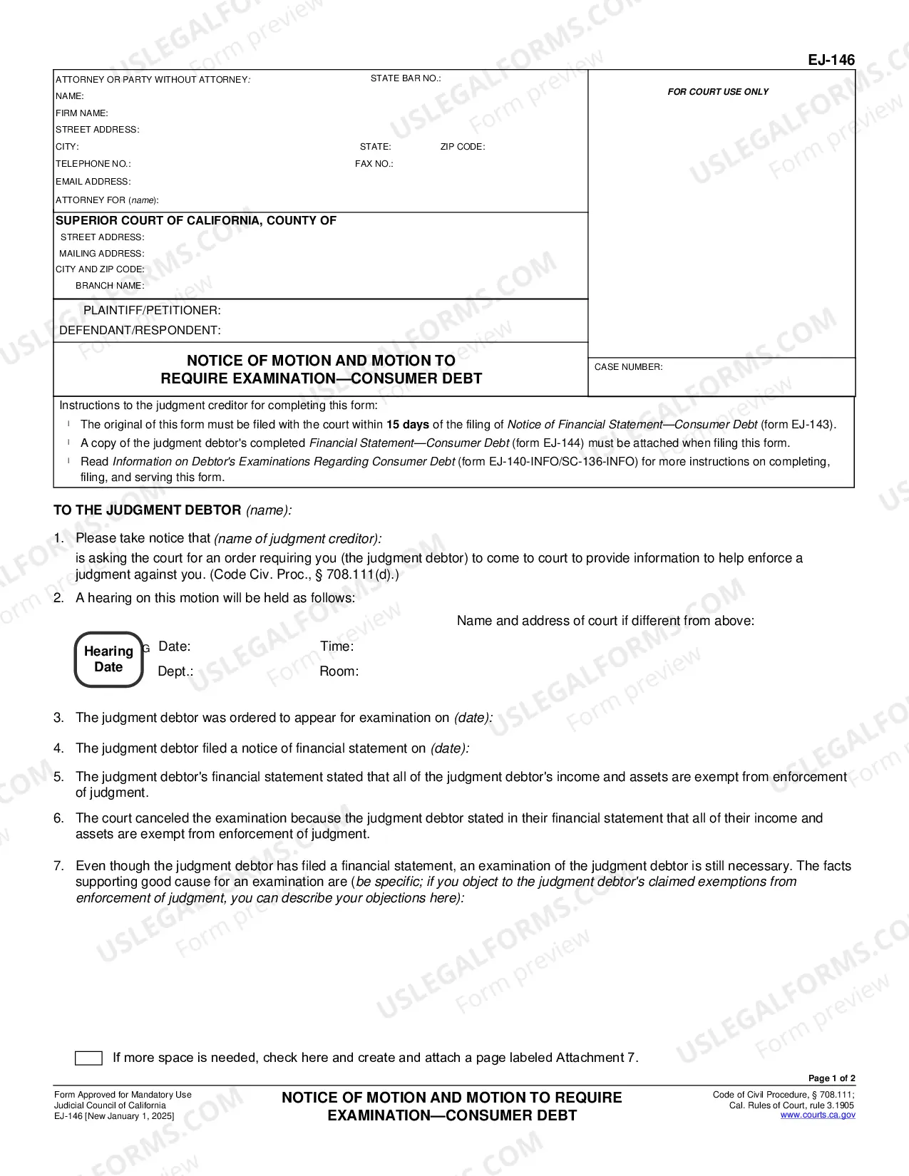 Preview Notice of Motion and Motion to Require Examination - Consumer Debt