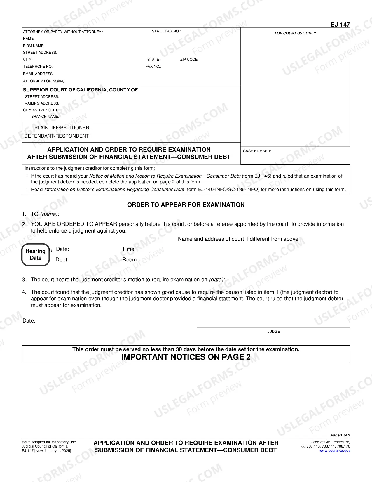Preview Application and Order to Require Examination after Submission of Financial Statement - Consumer Debt
