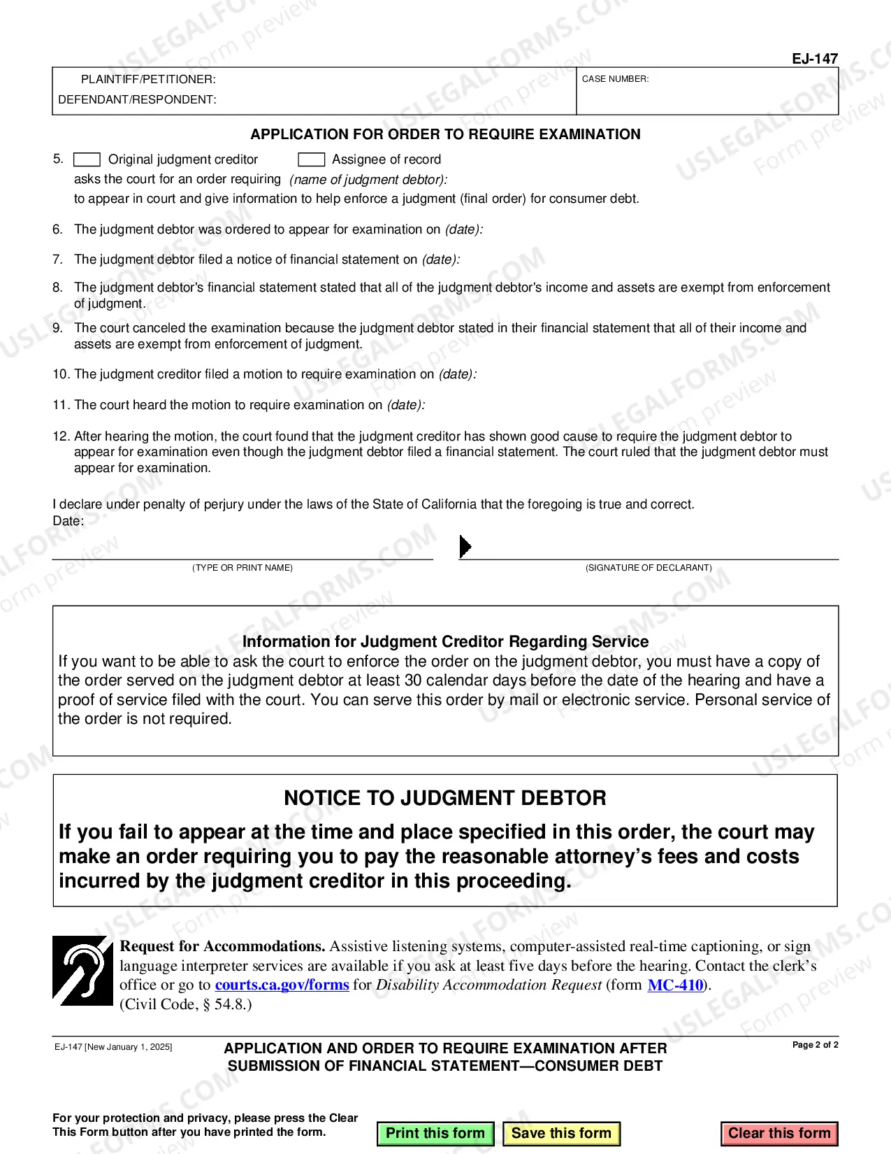 Preview Application and Order to Require Examination after Submission of Financial Statement - Consumer Debt