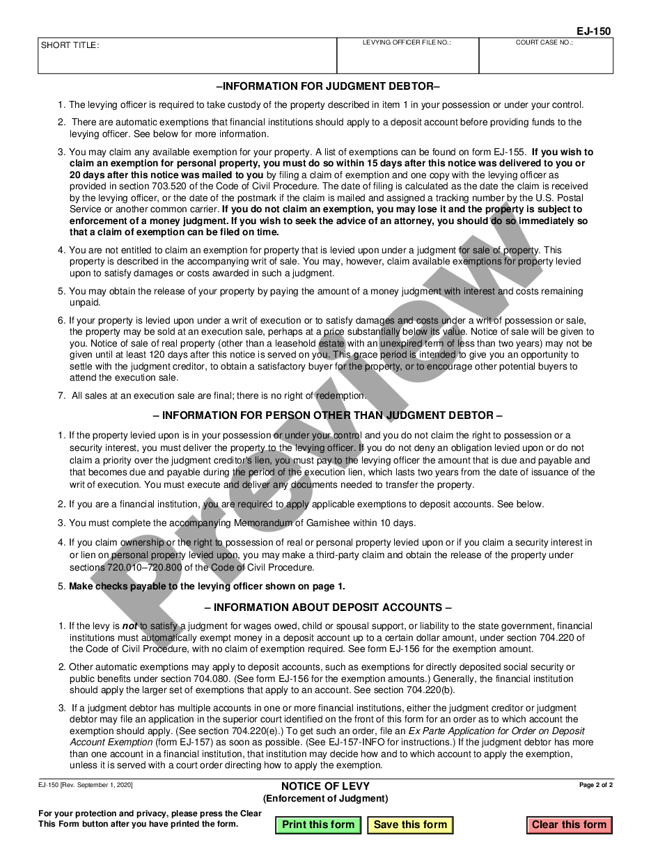 page 1 Notice of Levy - Enforcement of Judgment preview