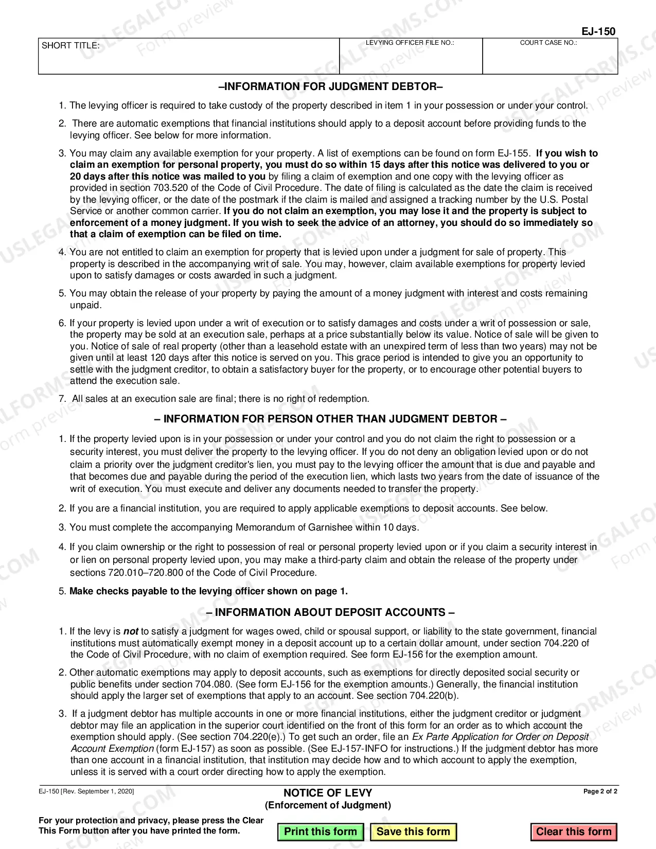 Preview Notice of Levy - Enforcement of Judgment