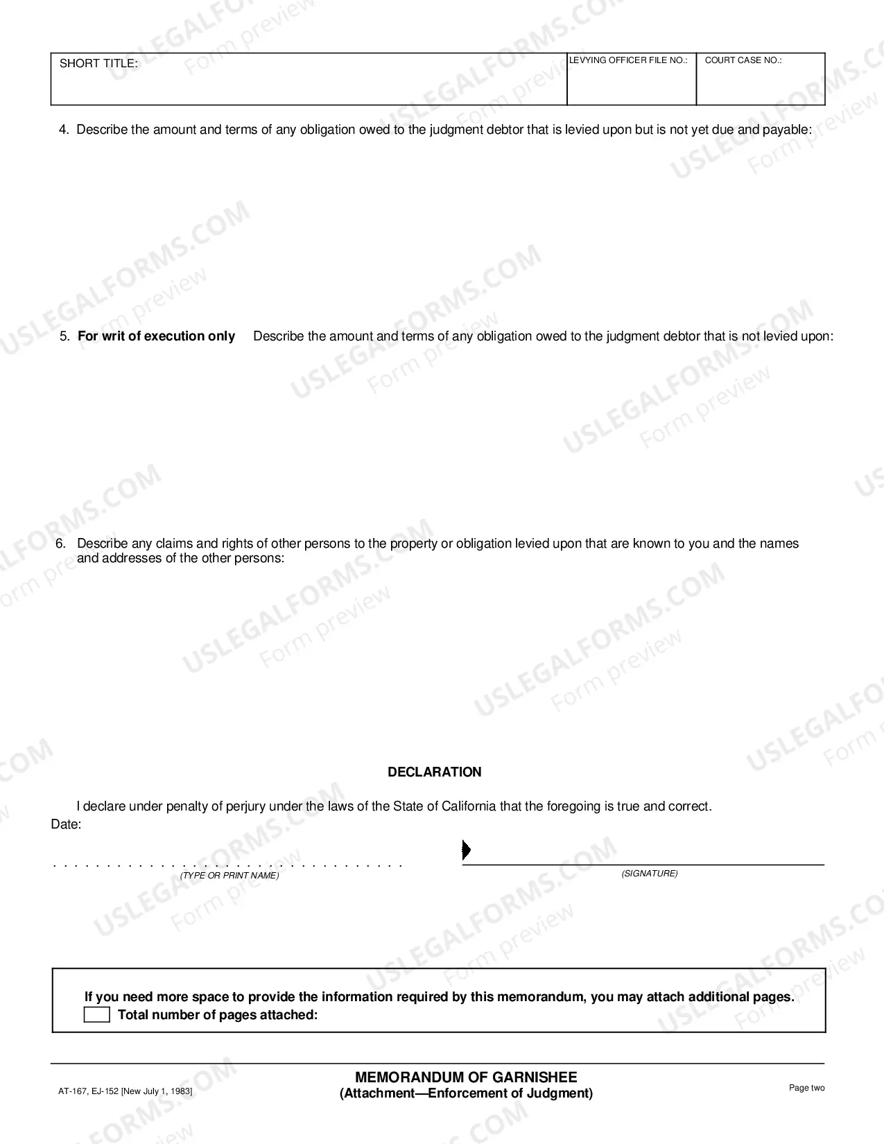 Preview Memorandum of Garnishee - same as AT-167