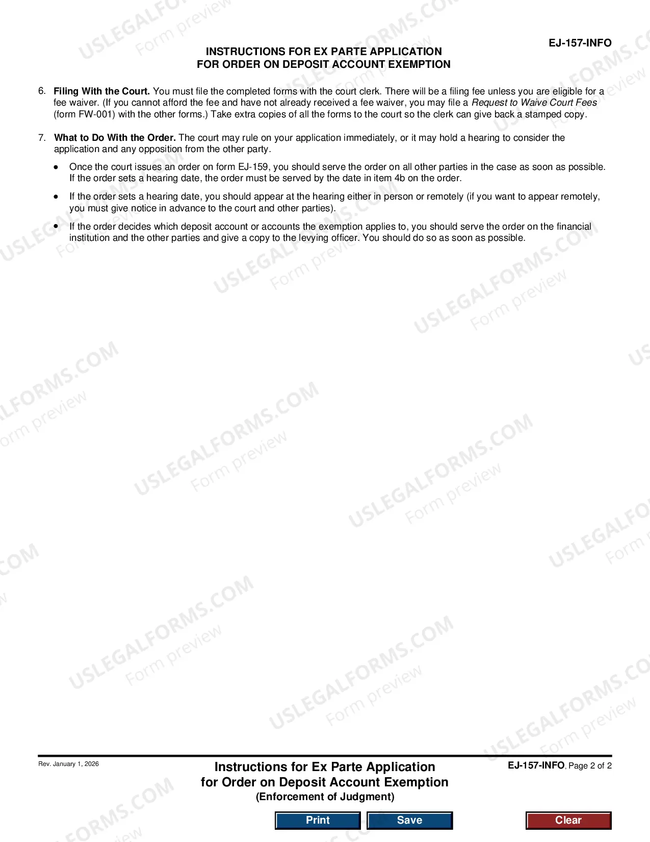 Preview Instructions for Ex Parte Application for Order on Deposit Account Exemption