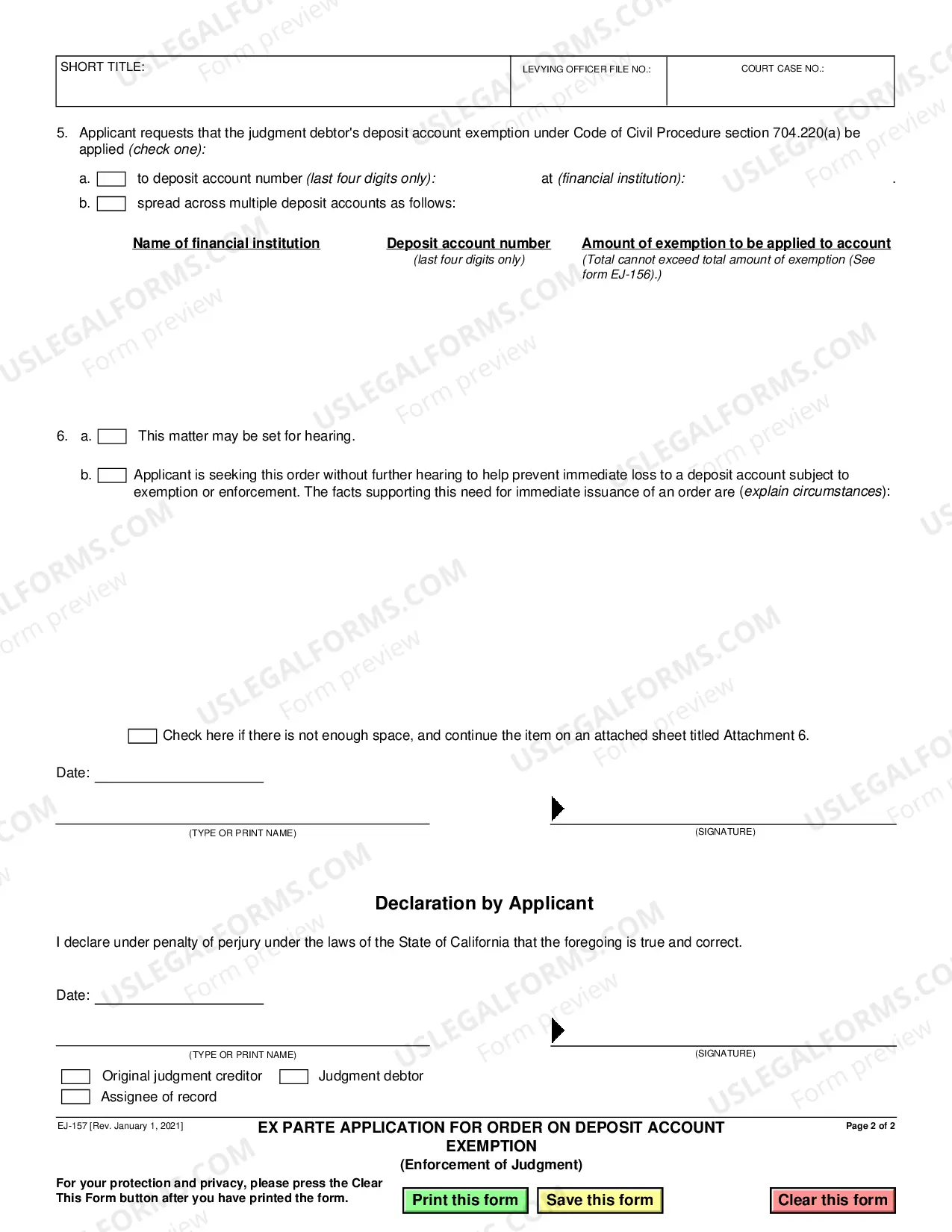 Preview Ex Parte Application for Order on Deposit Account Exemption