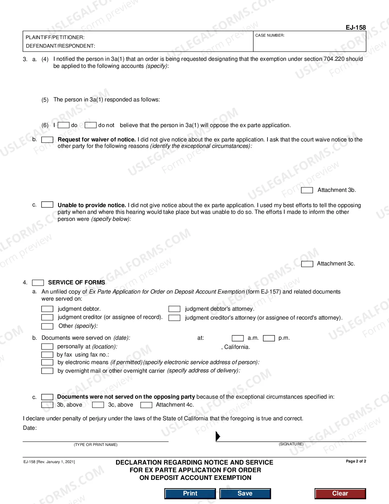 Preview Declaration Regarding Notice and Service for Ex Parte Application for Order on Deposit Account Exemption