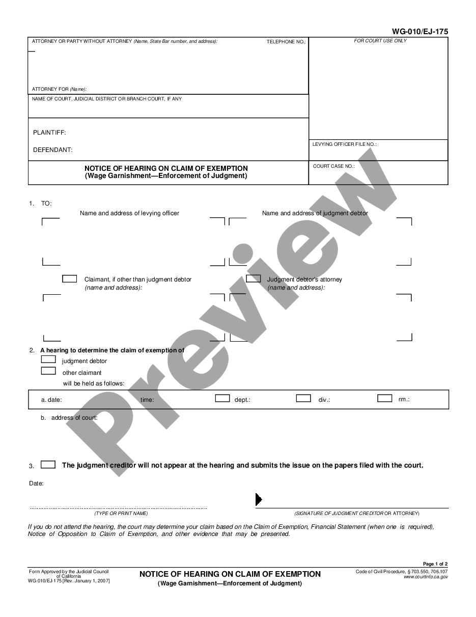 form Notice of Hearing on Claim of Exemption - same as 982.5(8) preview