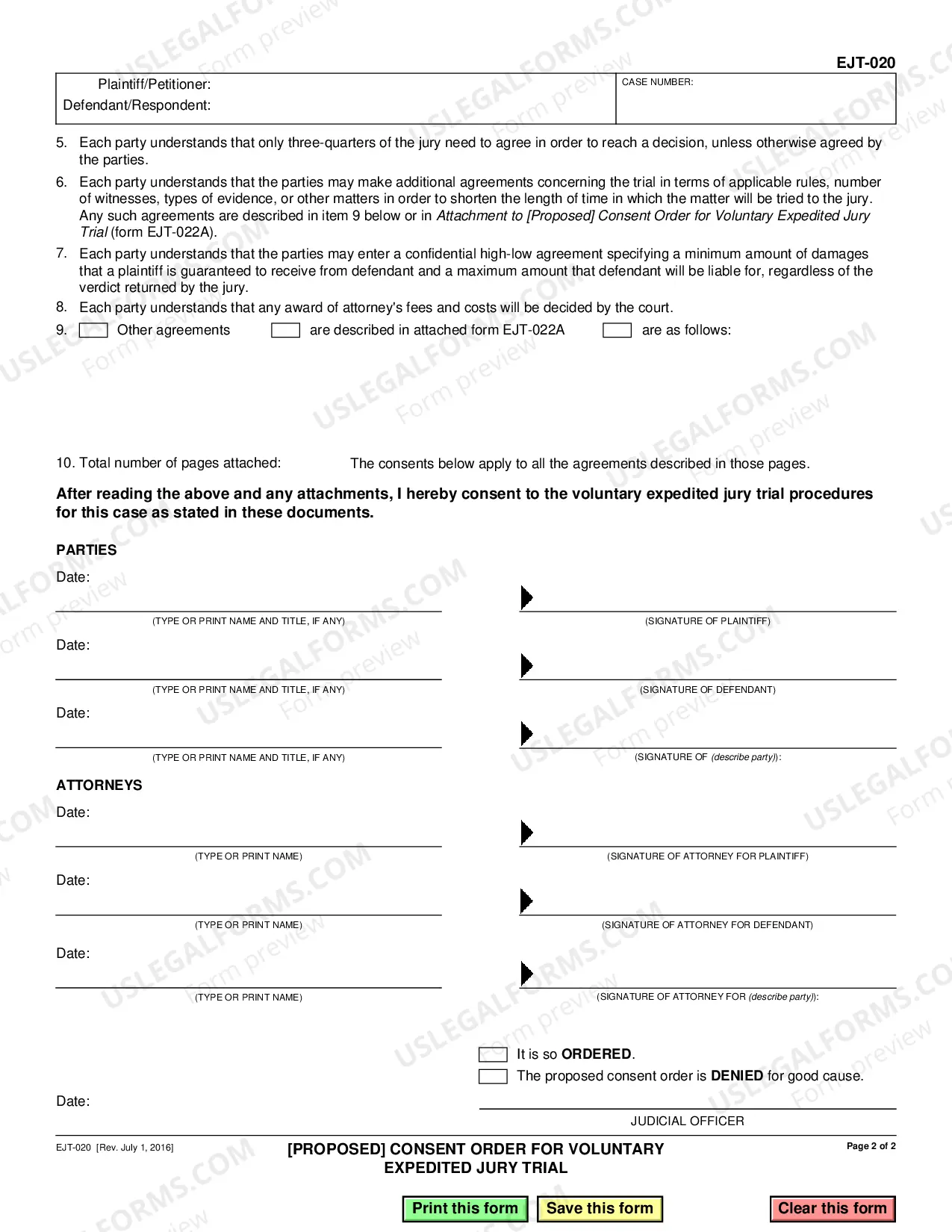 Preview Proposed Consent Order for Voluntary Expedited Jury Trial