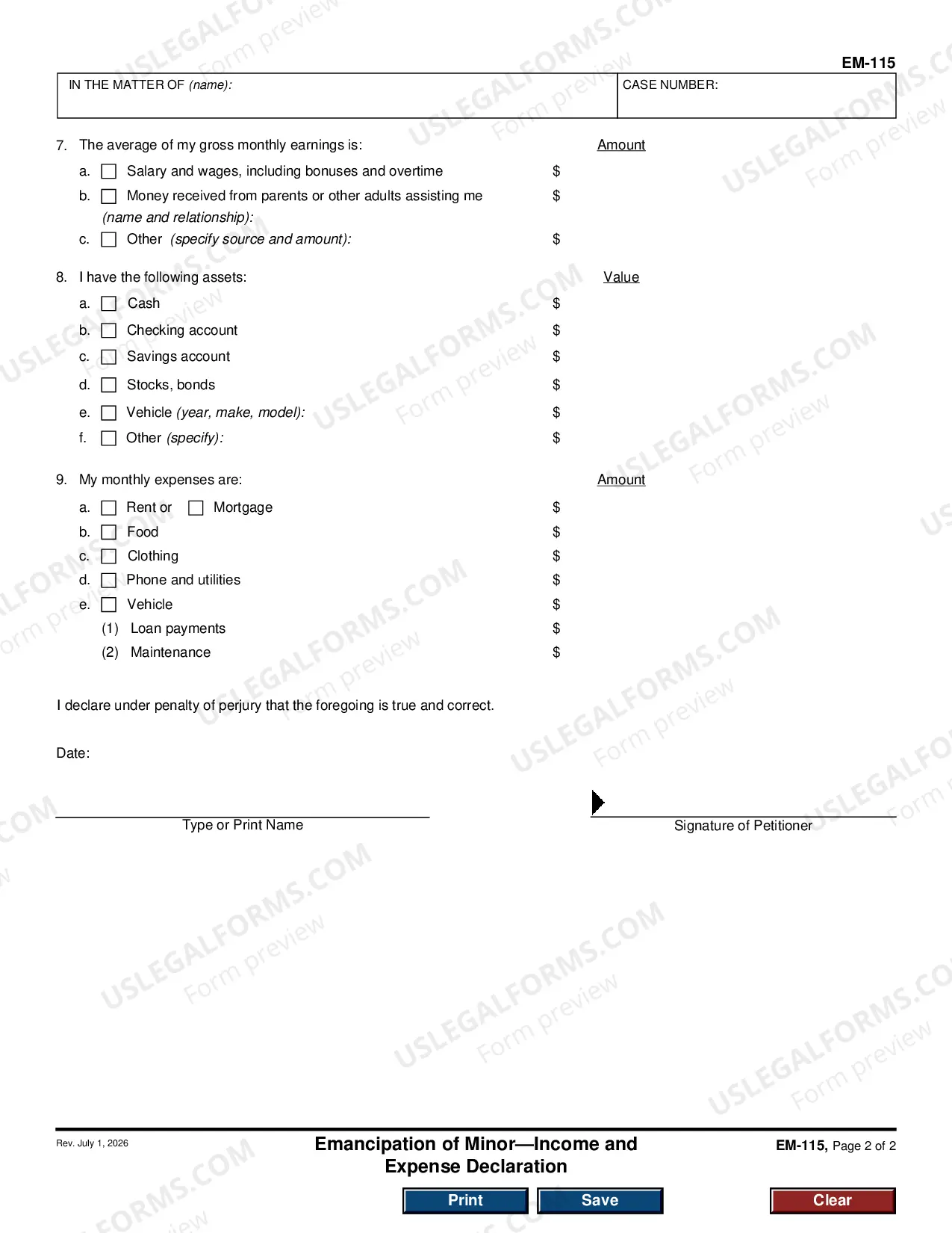 Preview Emancipation of Minor Income and Expense Declaration