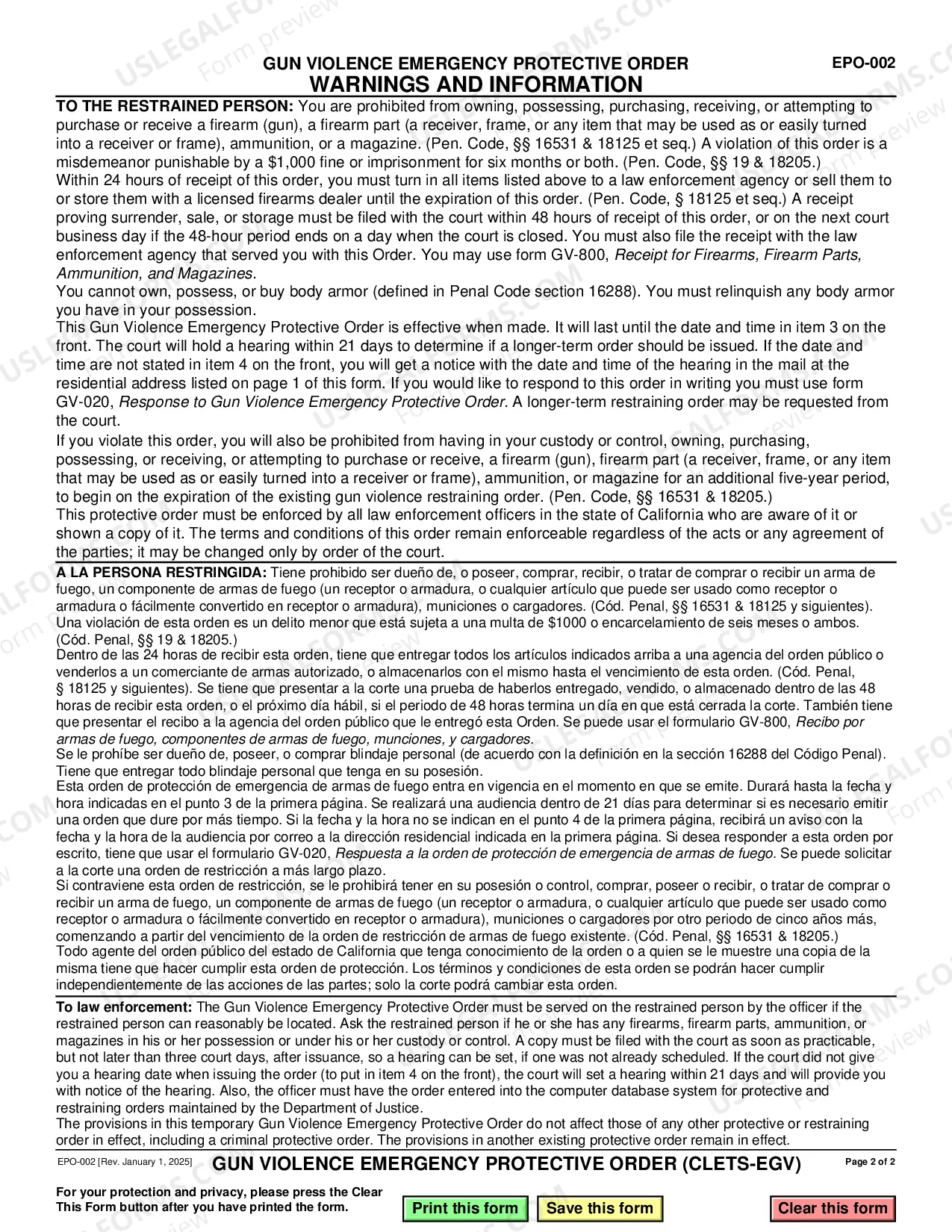Preview Gun Violence Emergency Protective Order - CLETS-EGV