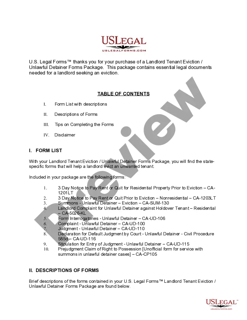 Get California Landlord Tenant Eviction / Unlawful Detainer Forms Package Preview California Landlord Tenant Eviction / Unlawful Detainer Forms Package