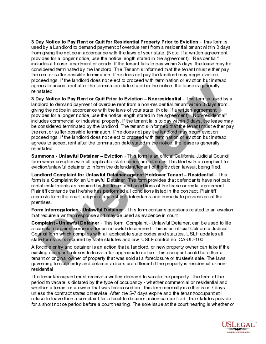 Get California Landlord Tenant Eviction / Unlawful Detainer Forms Package Preview California Landlord Tenant Eviction / Unlawful Detainer Forms Package