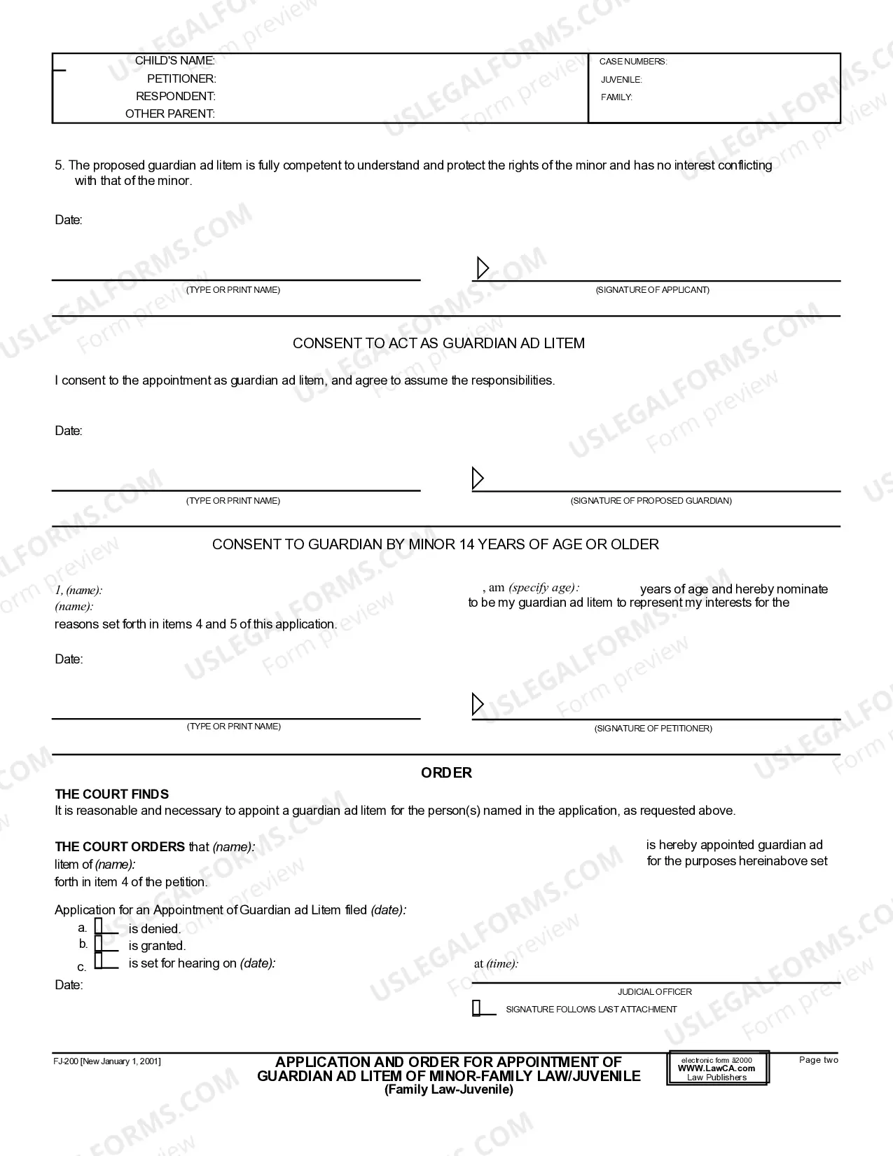 Preview Application and Order for Appointment of Guardian Ad Litem of Minor - Family Law - Juvenile
