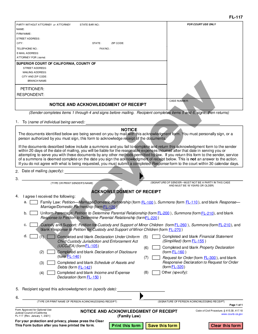 California Notice and Acknowledgment of Receipt Family Law Notice
