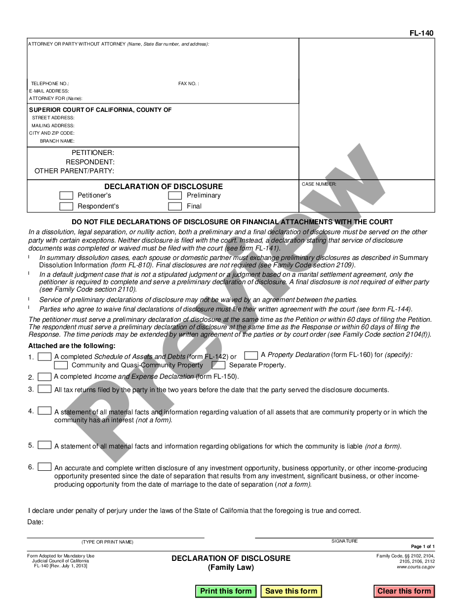 form Declaration of Disclosure - Family Law preview