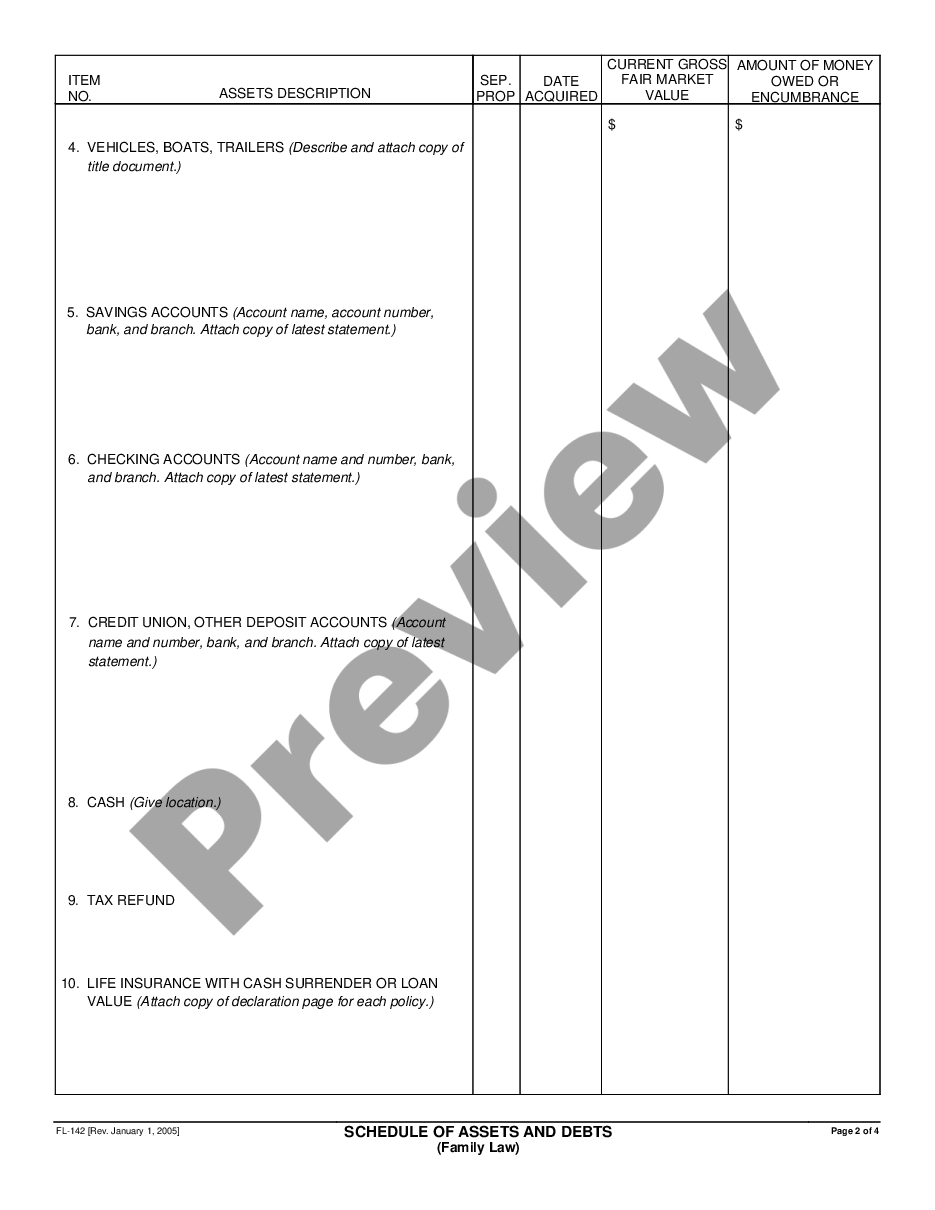 page 1 Schedule of Assets and Debts - Family Law preview
