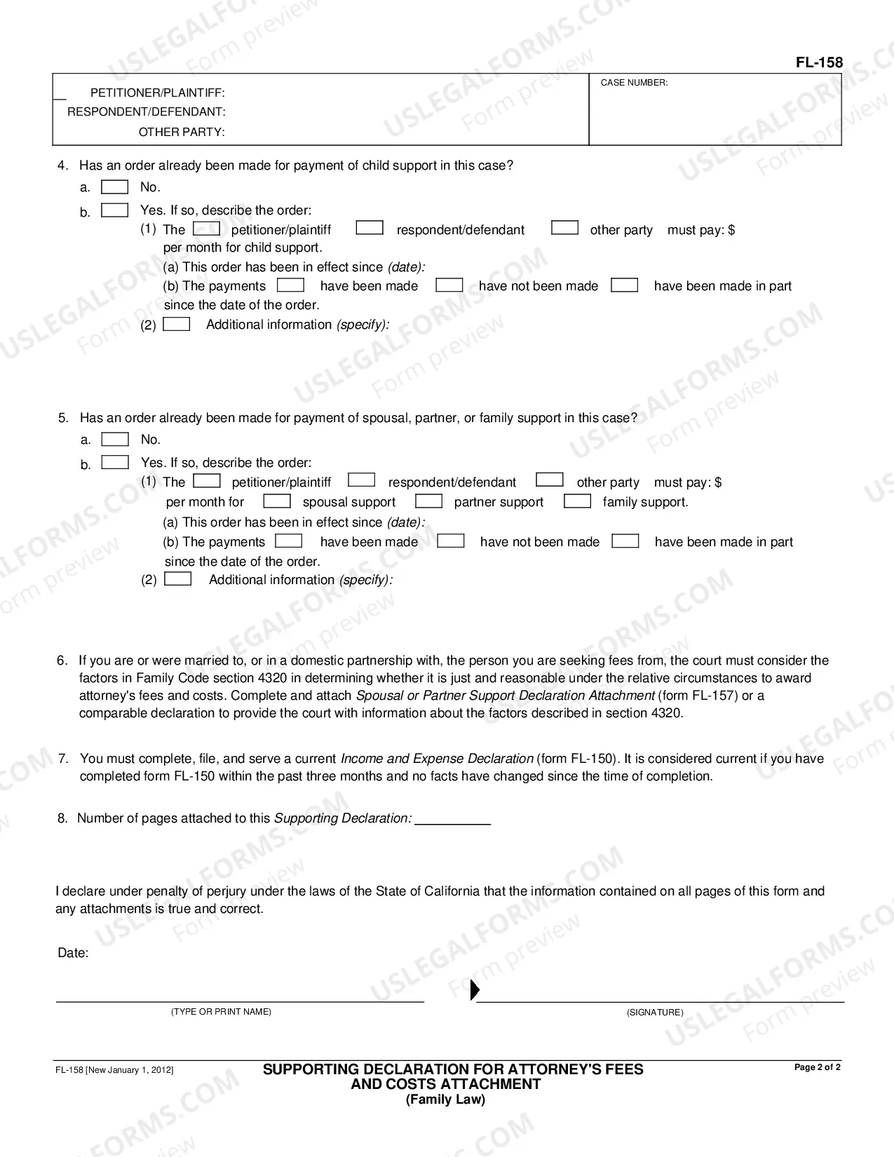 Preview Supporting Declaration for Attorney's Fees and Costs Attachment