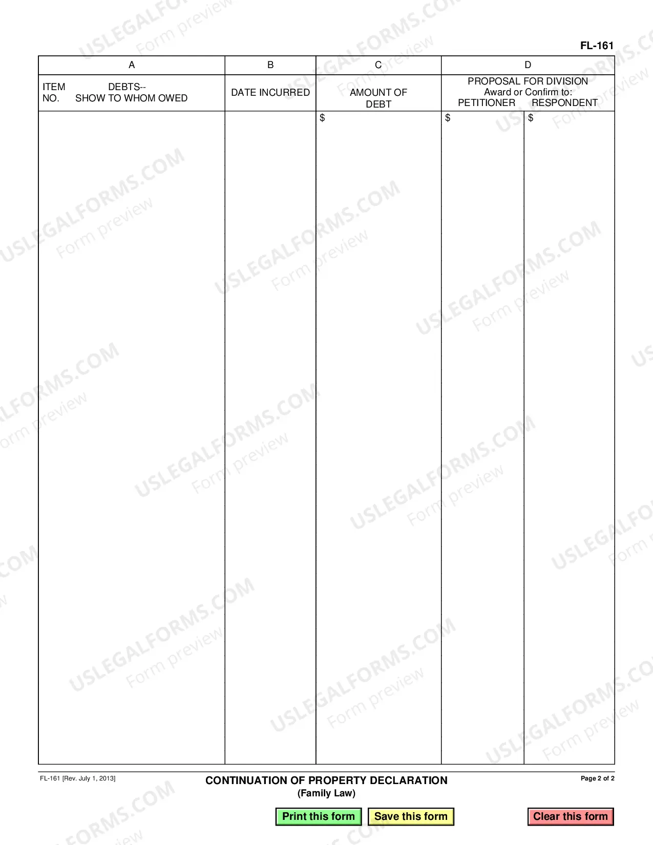 Preview Continuation of Property Declaration - Family Law
