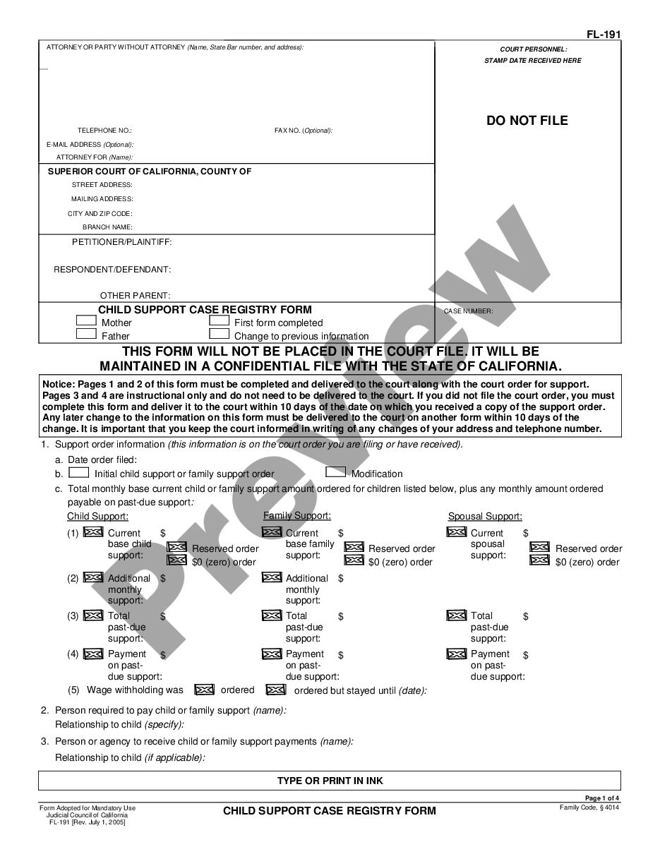 page 0 Child Support Case Registry Form preview