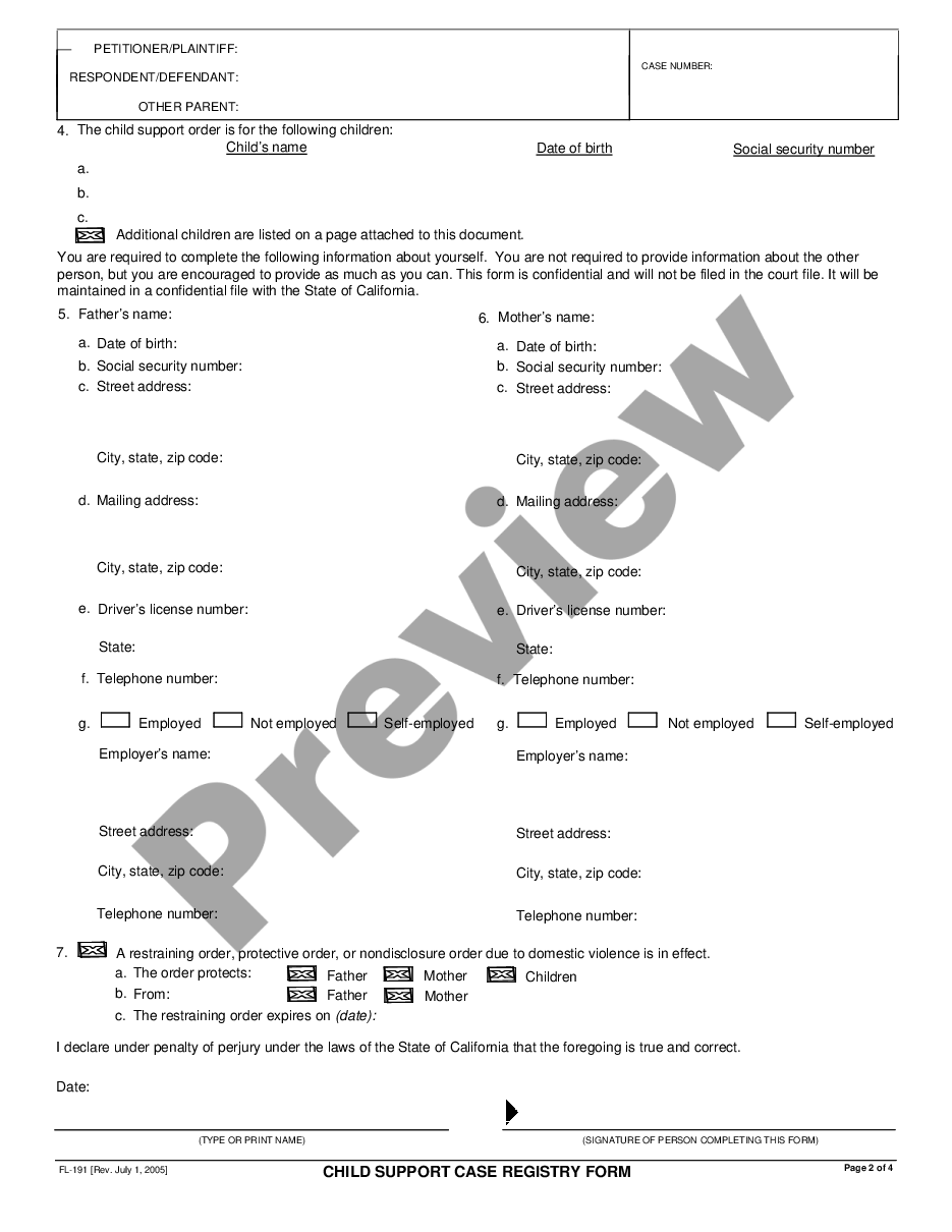 page 1 Child Support Case Registry Form preview