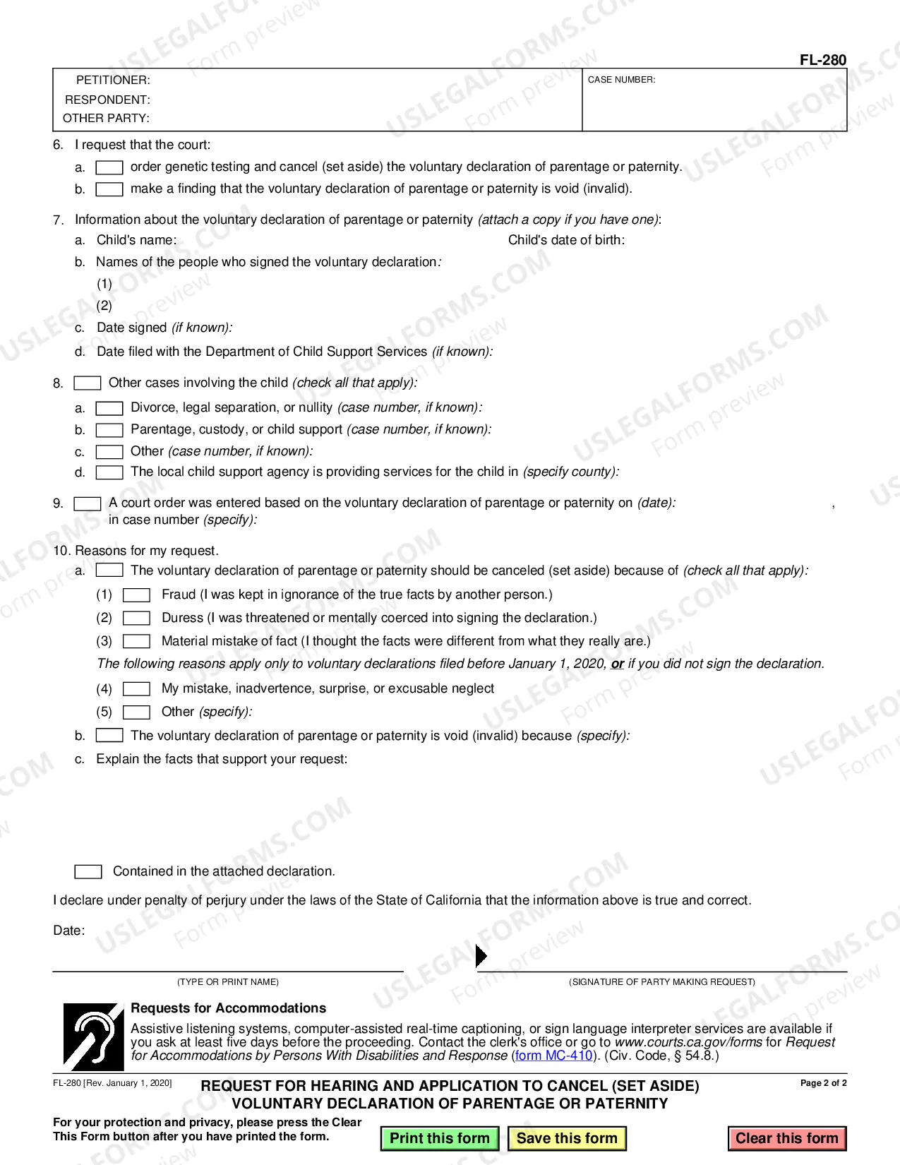 Preview Request for Hearing and Application to Set Aside Voluntary Declaration of Paternity