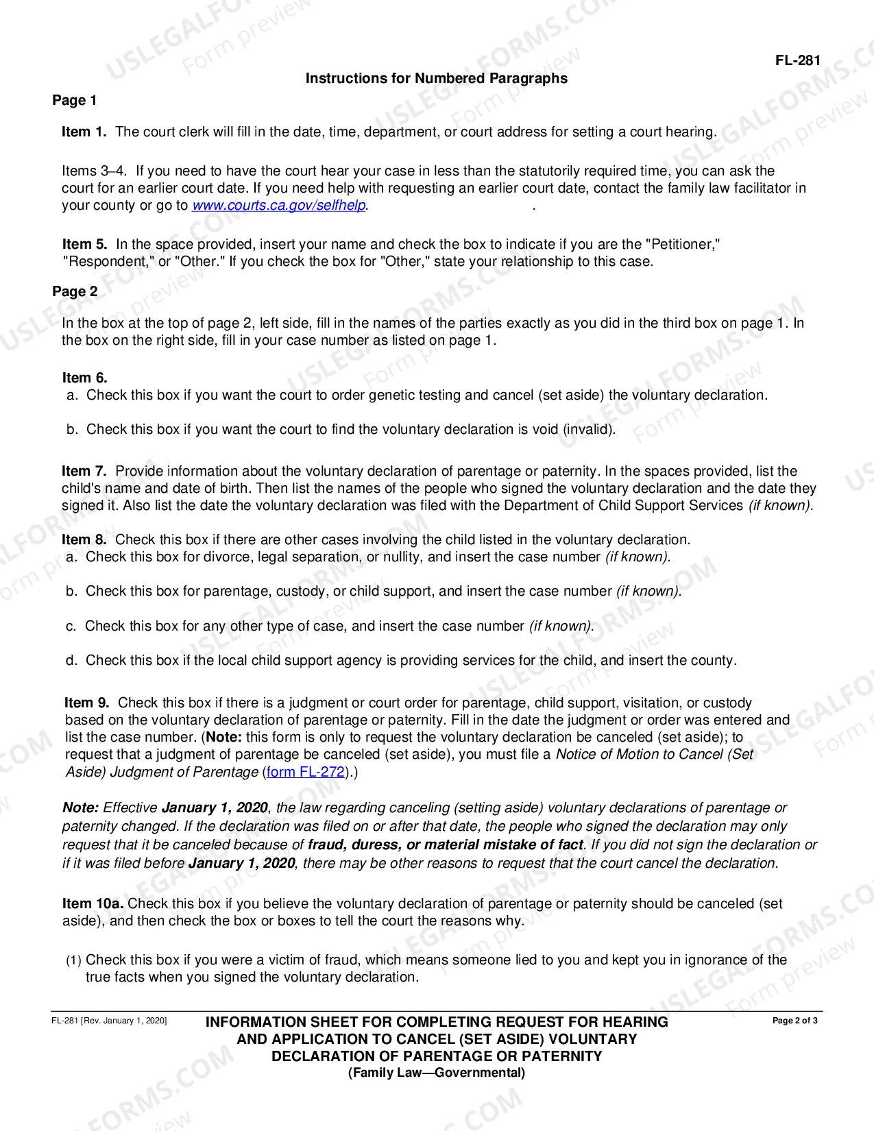 Preview Information Sheet for Completing Request for Hearing and Application to Set Aside Voluntary Declaration of Paternity