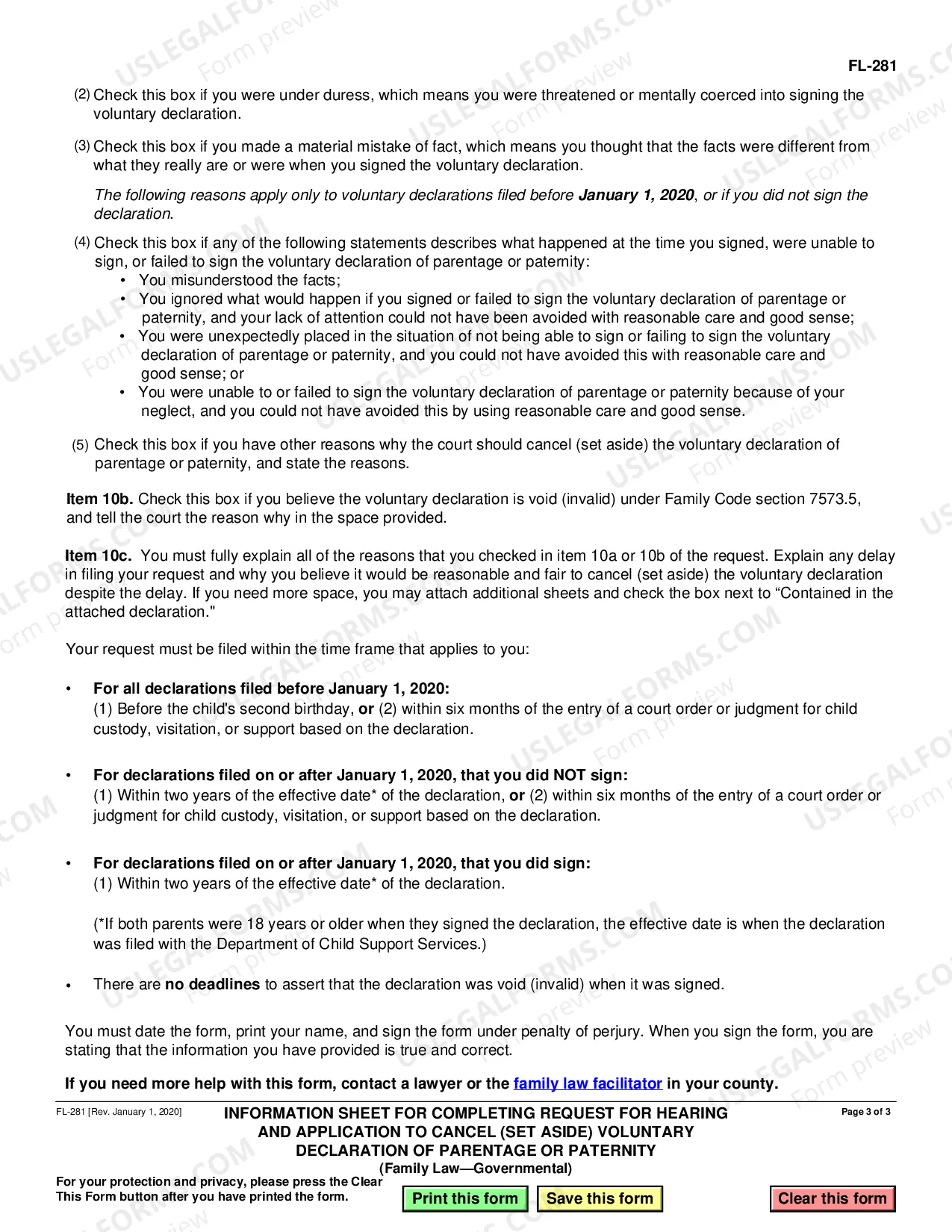 Preview Information Sheet for Completing Request for Hearing and Application to Set Aside Voluntary Declaration of Paternity